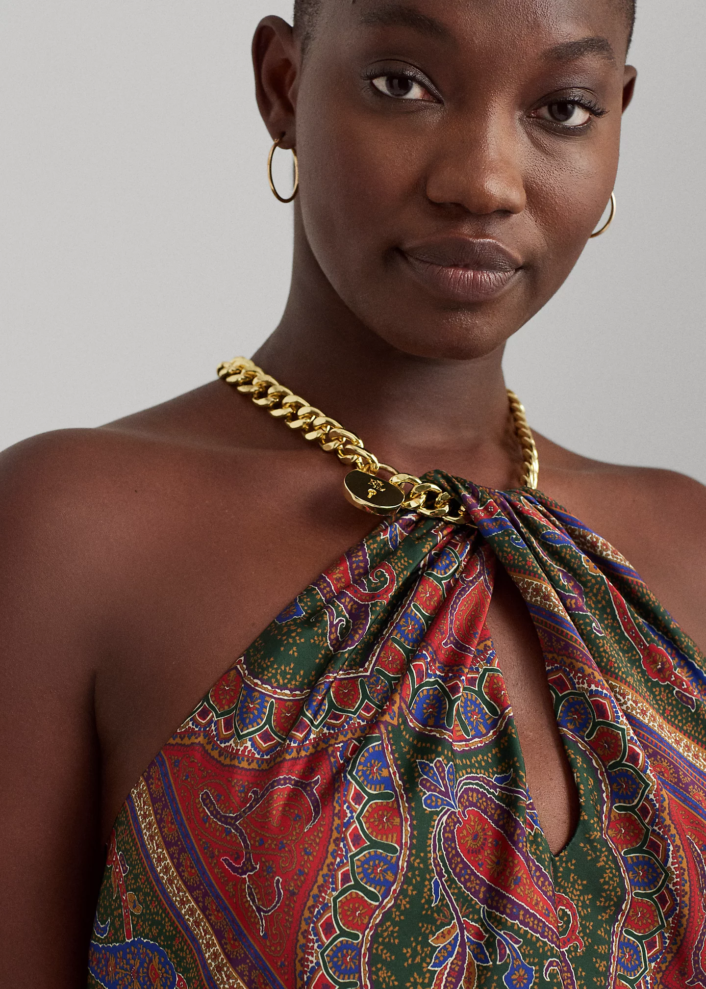 Plaid-Paisley Charmeuse Halter Dress