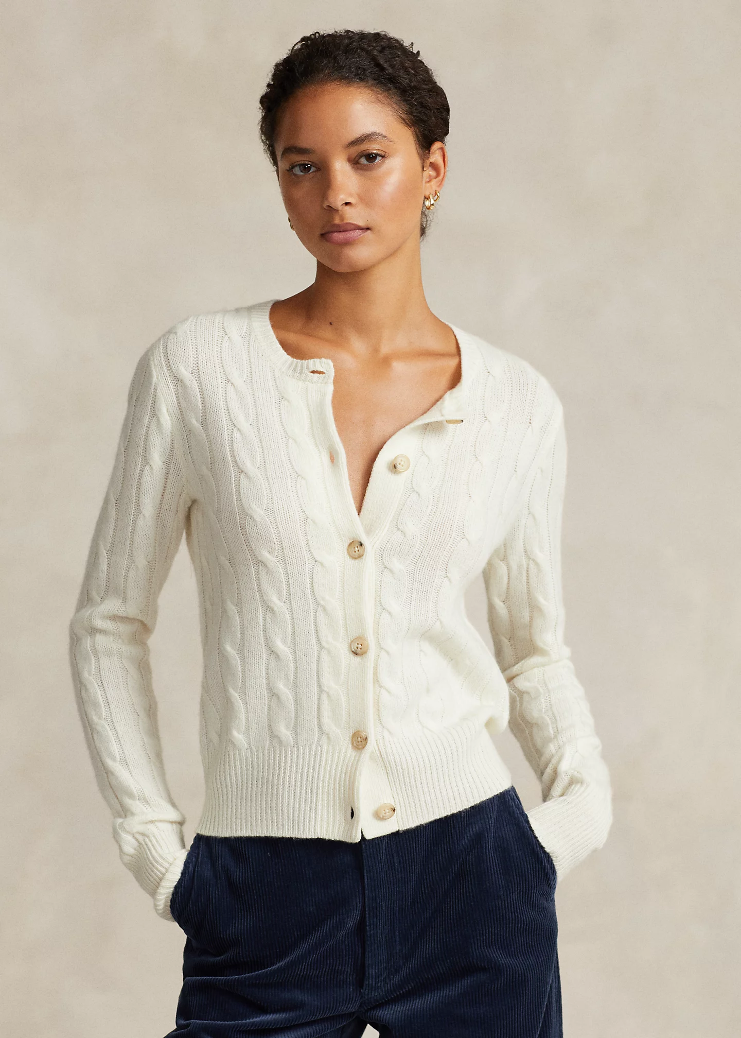 Cable-Knit Cashmere Crewneck Cardigan