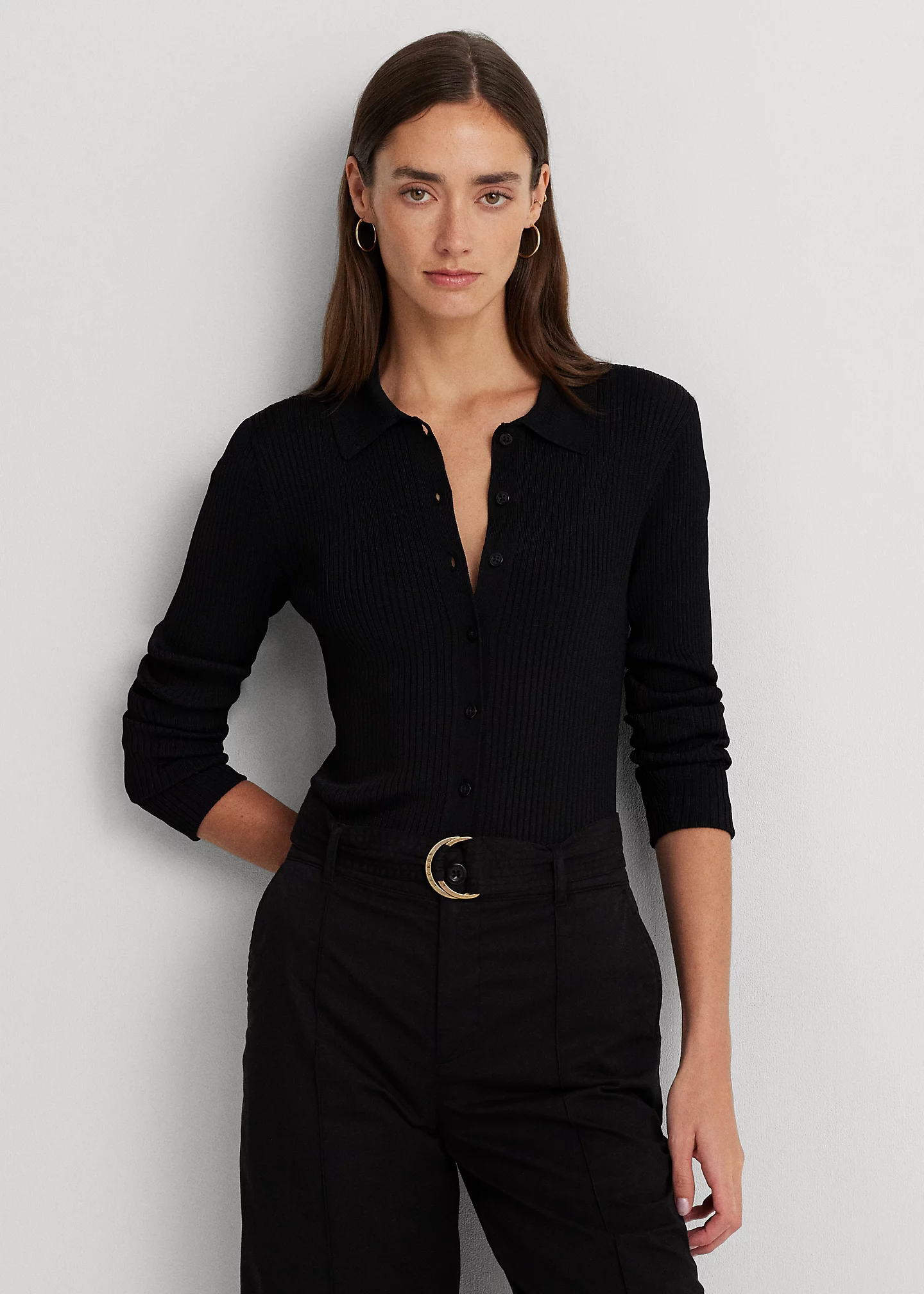 Rib-Knit Long-Sleeve Polo Cardigan