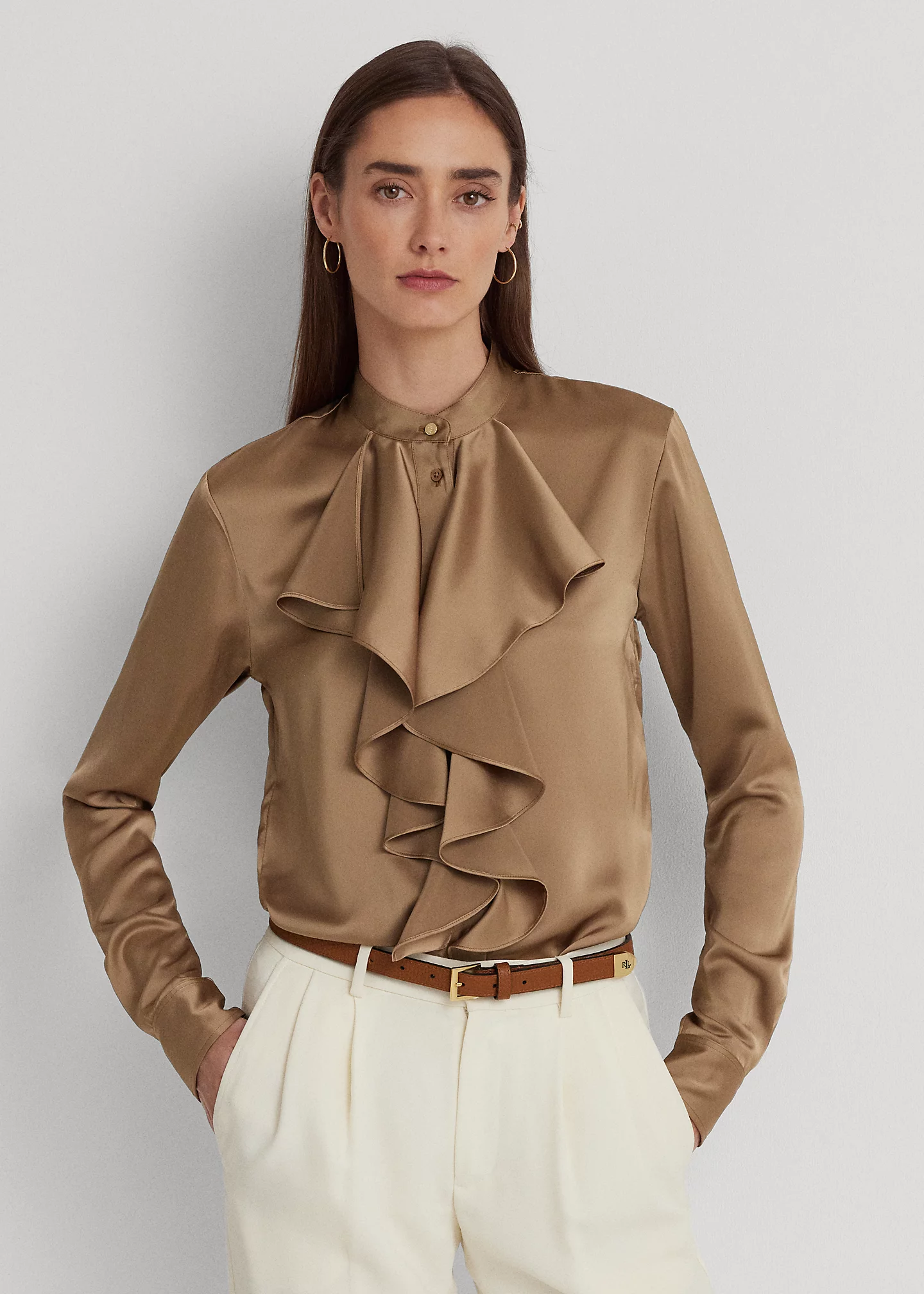 Ruffle-Trim Satin Charmeuse Shirt