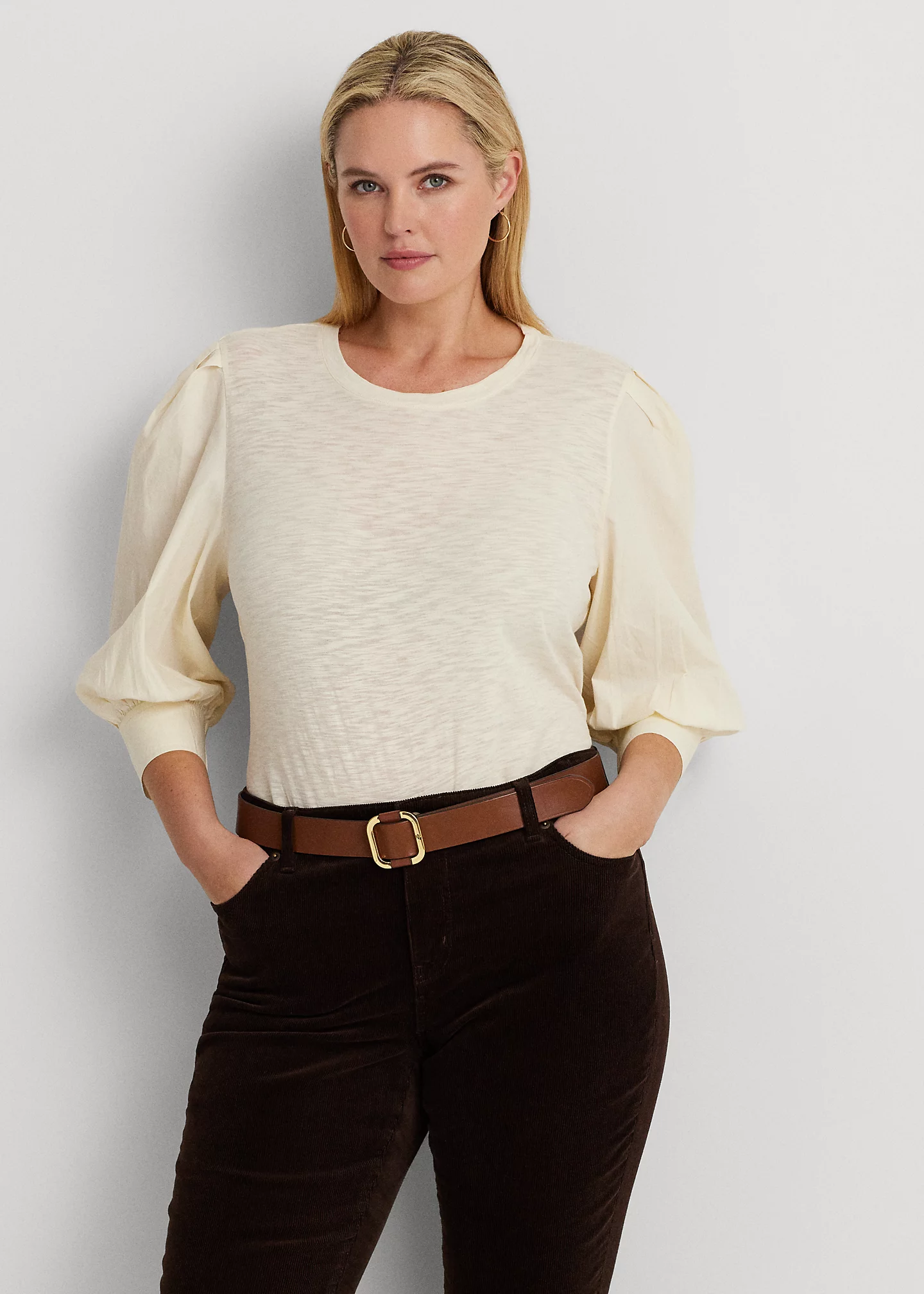 Jersey-Poplin Puff-Sleeve Top