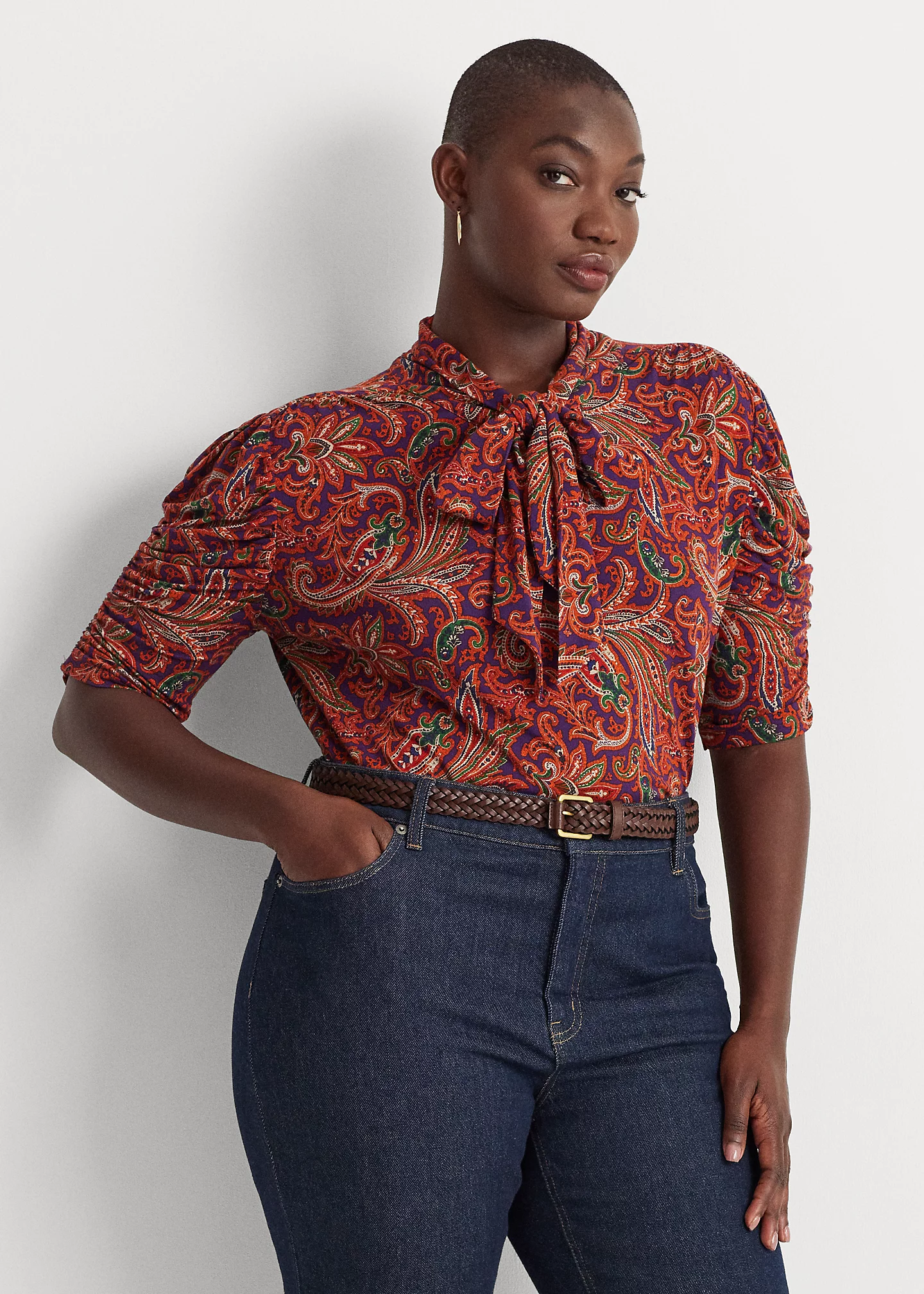Paisley Jersey Puff-Sleeve Tie-Neck Top