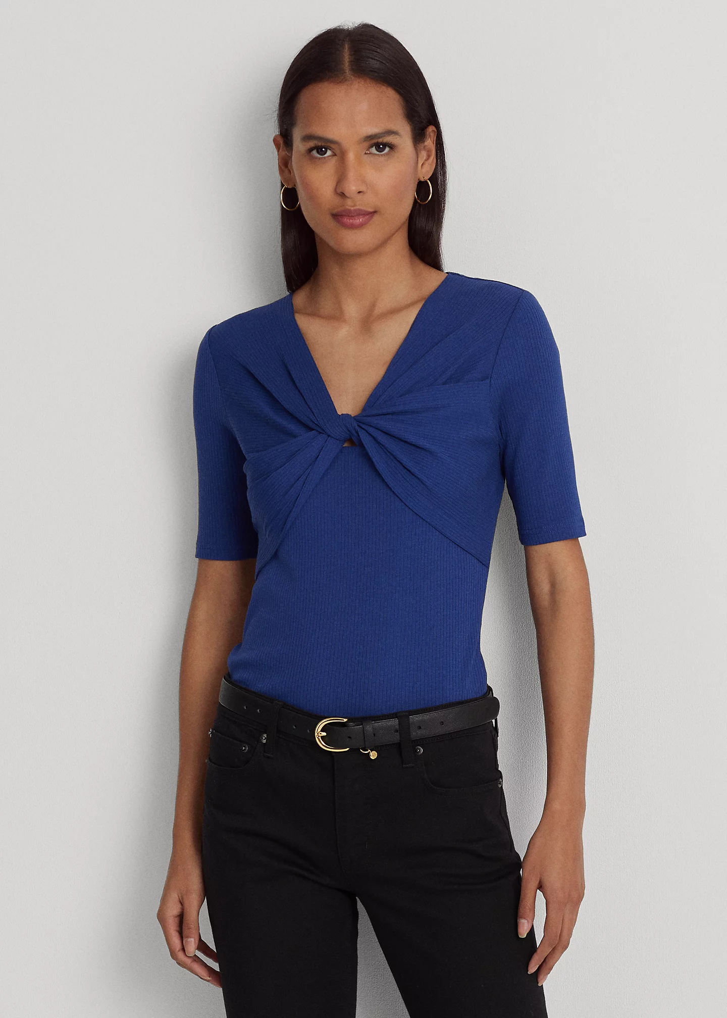 Twist-Front Rib-Knit Cotton-Blend Tee