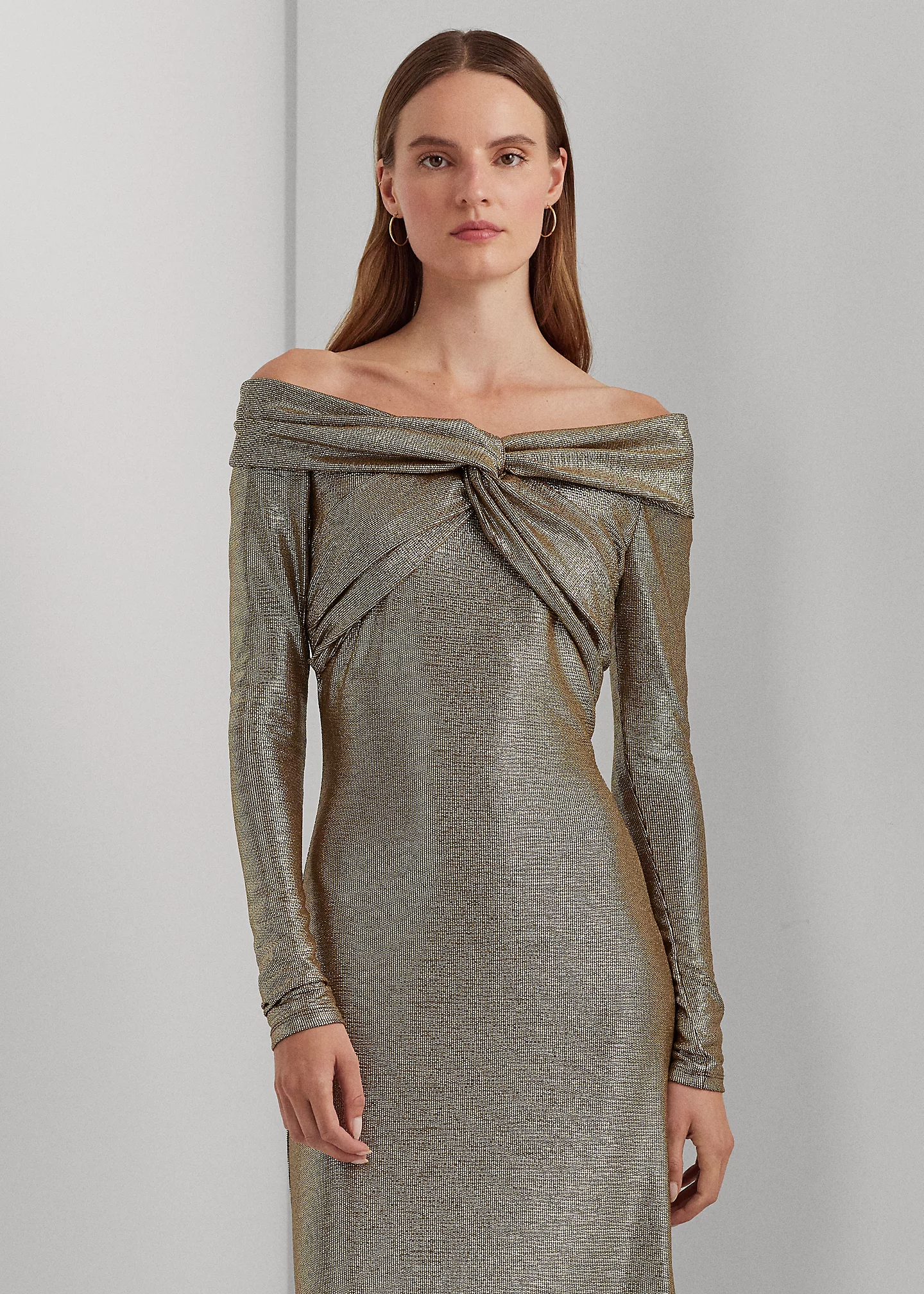 Metallic Knit Off-the-Shoulder Gown