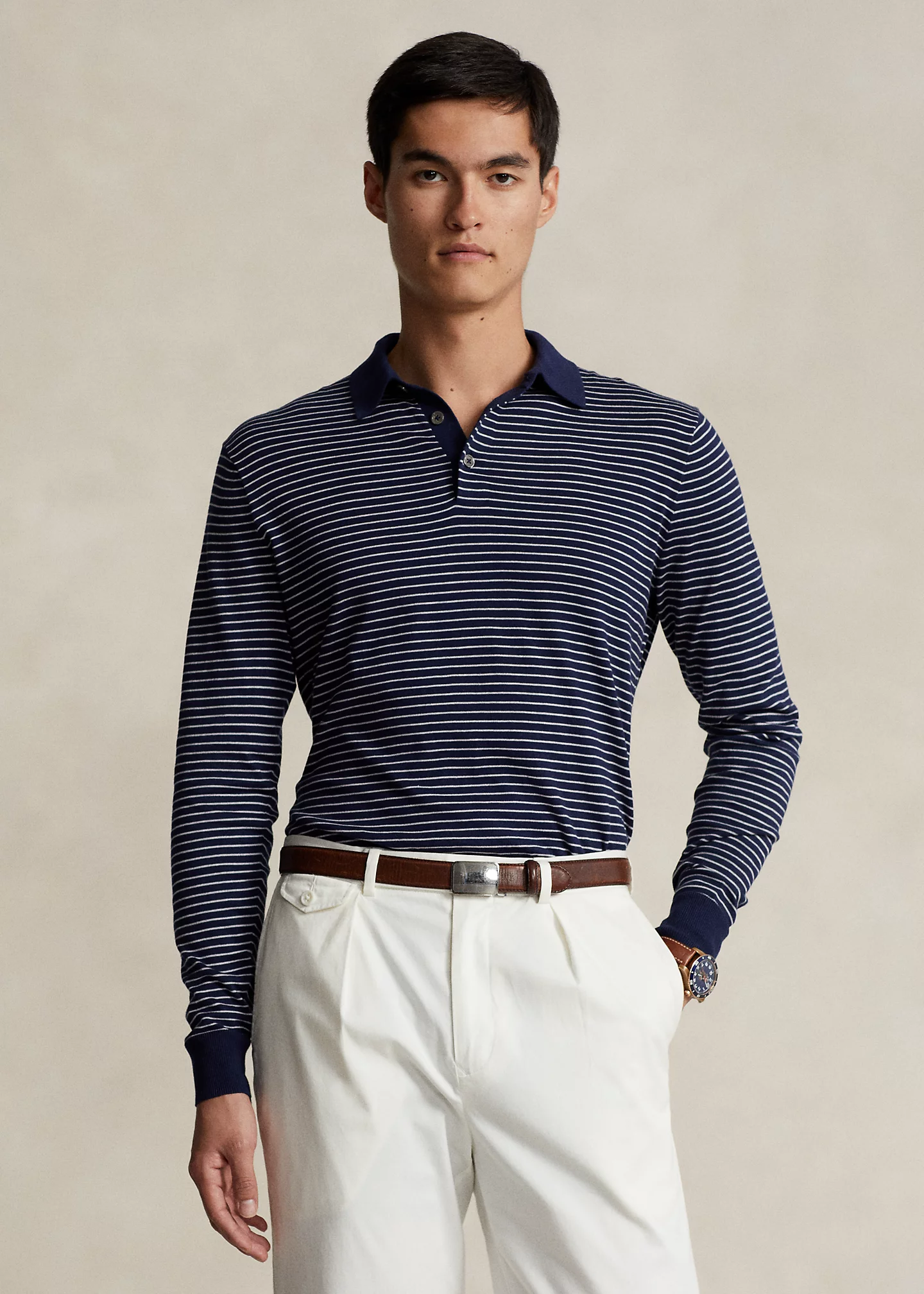 Striped Cotton Polo-Collar Sweater