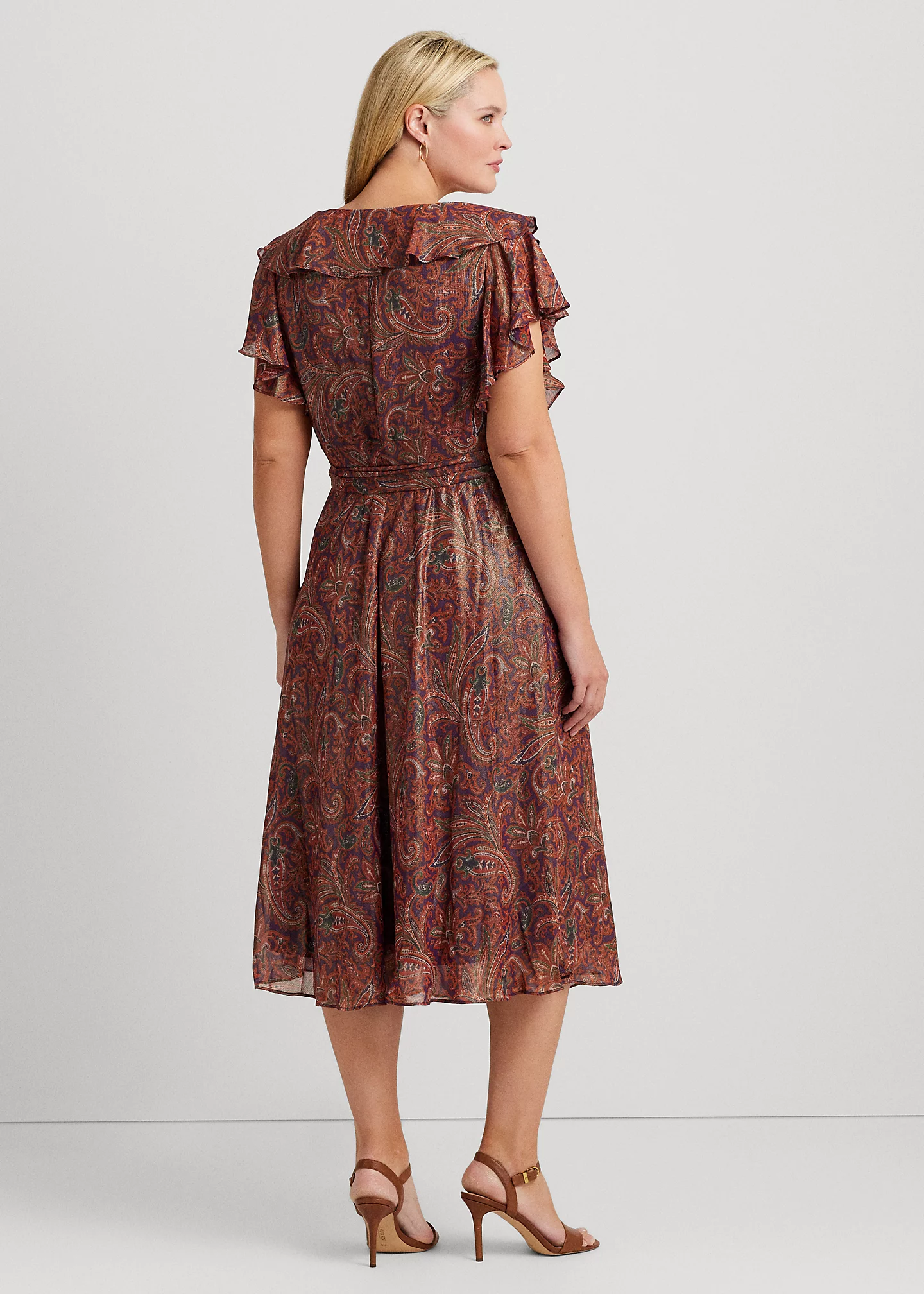 Print Ruffle-Trim Metallic Chiffon Dress