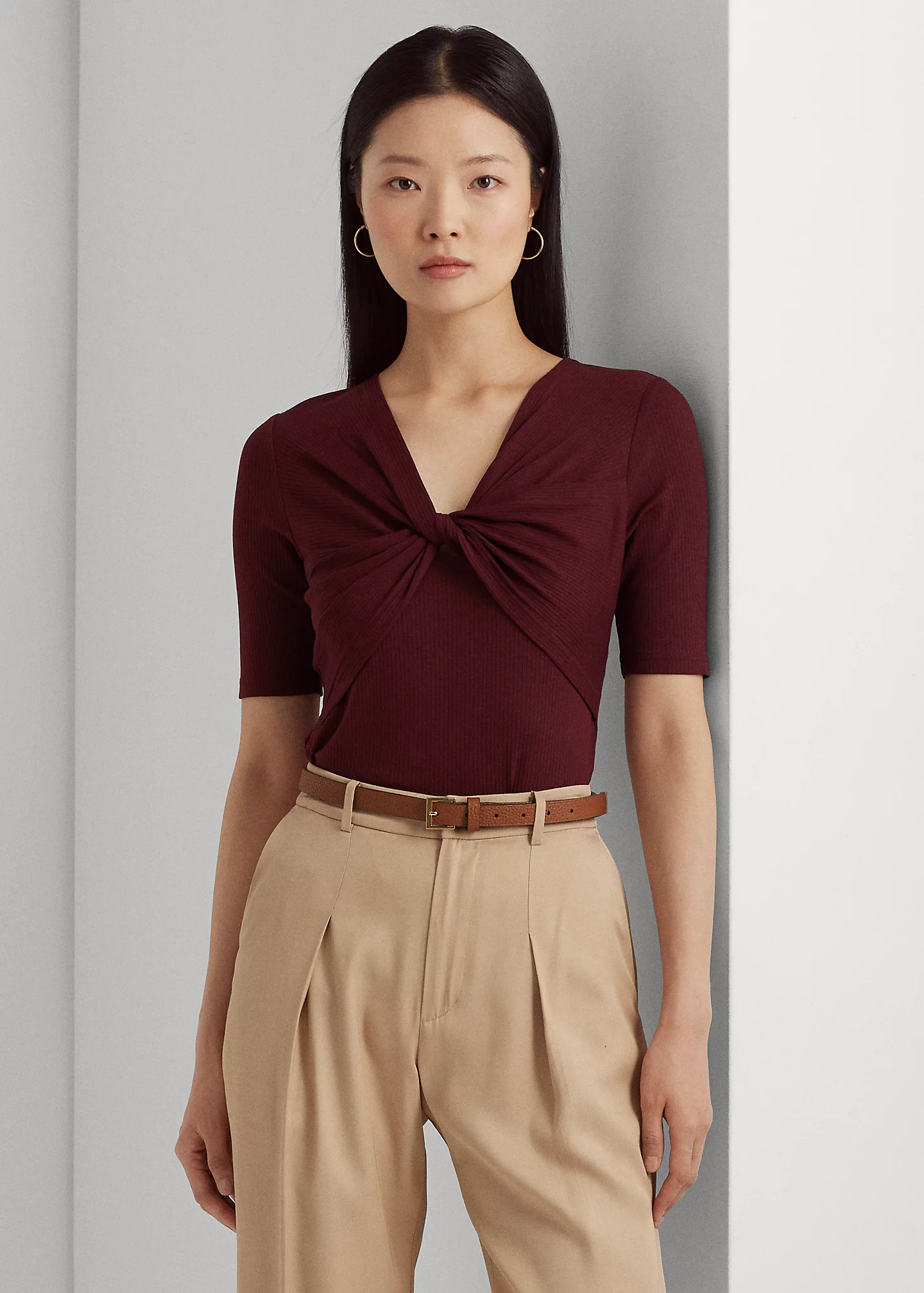 Twist-Front Rib-Knit Cotton-Blend Tee