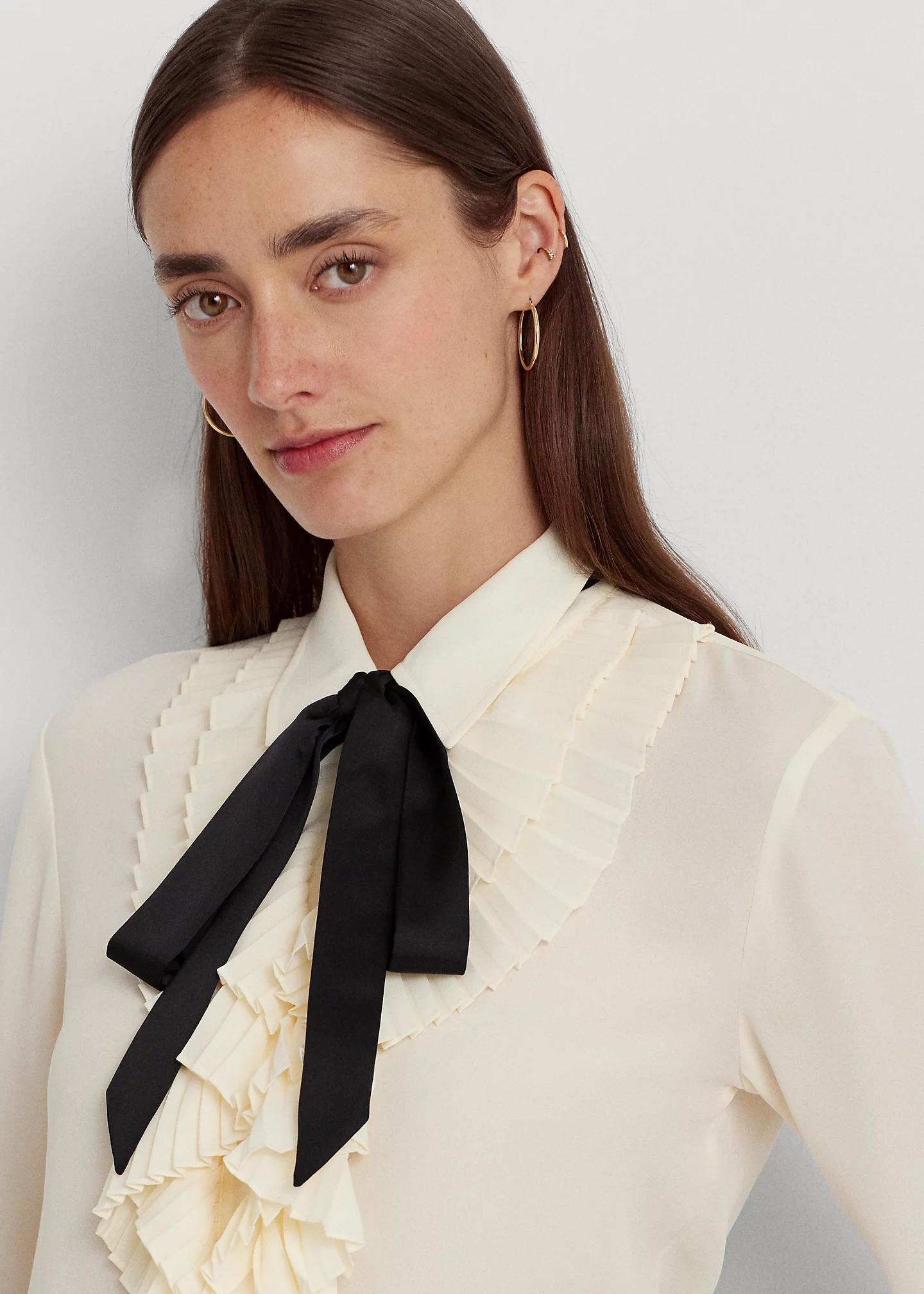 Ruffle-Trim Georgette Tie-Neck Shirt