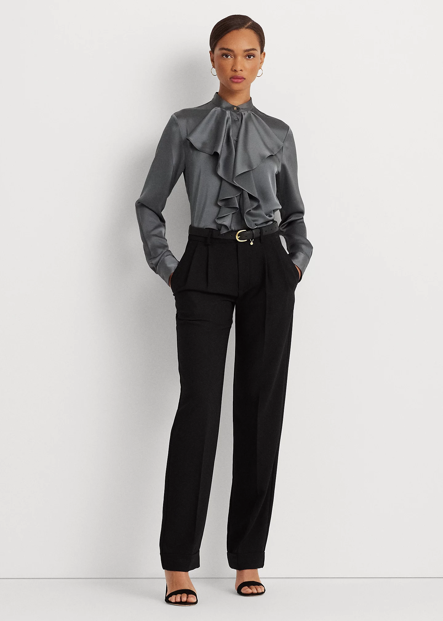 Ruffle-Trim Satin Charmeuse Shirt