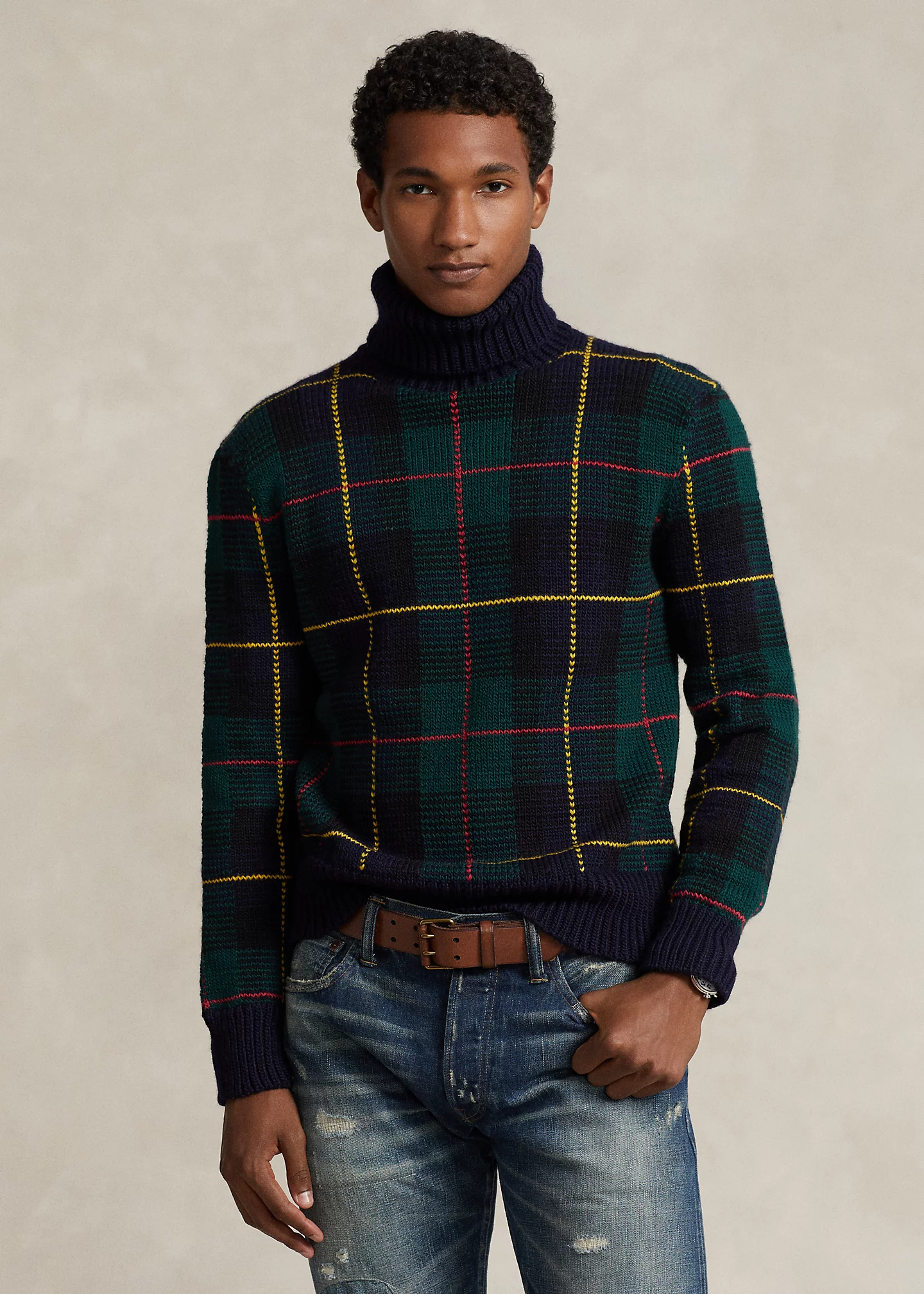 Plaid Wool Turtleneck Sweater