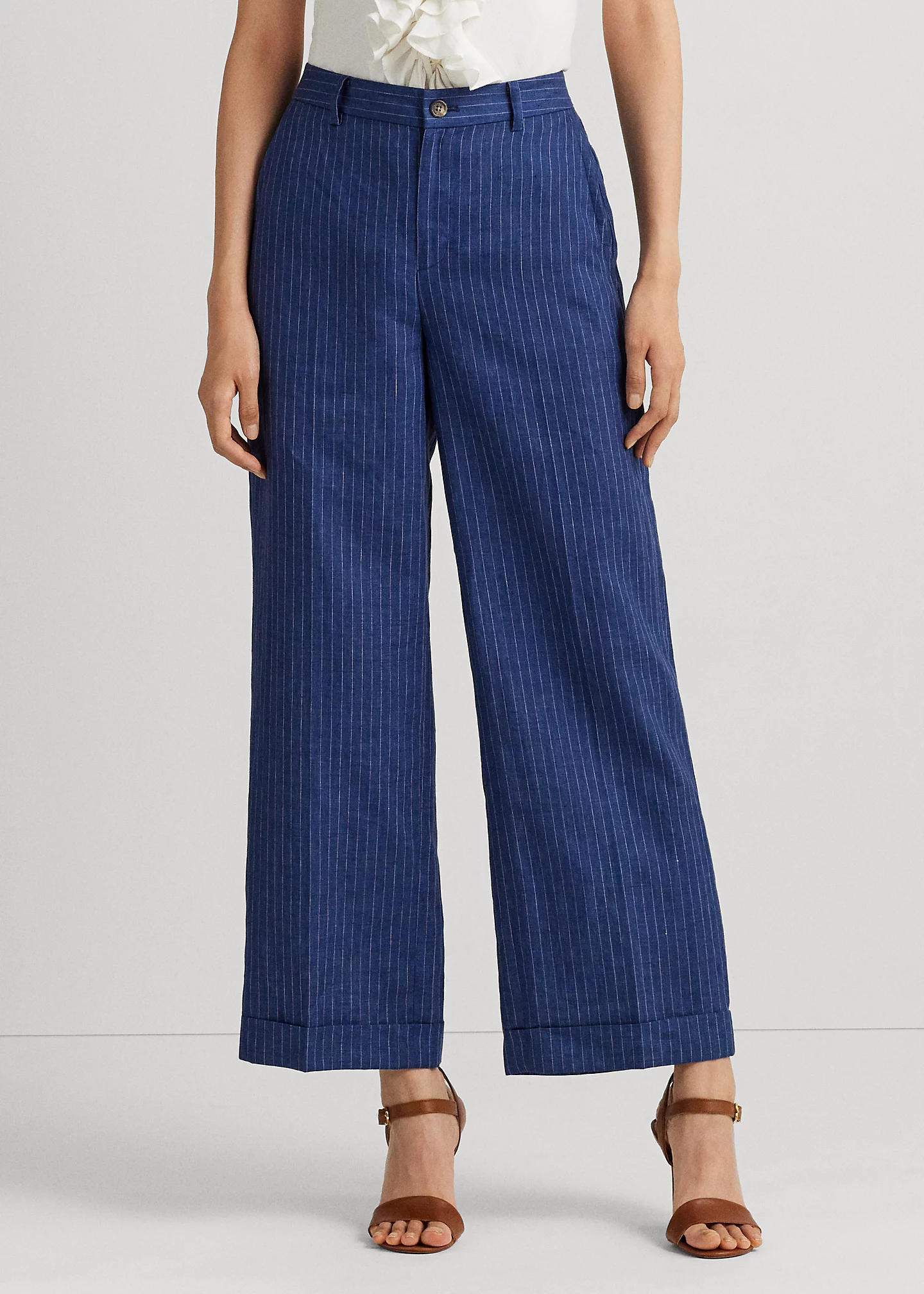 Pinstripe Linen Wide-Leg Cropped Pant