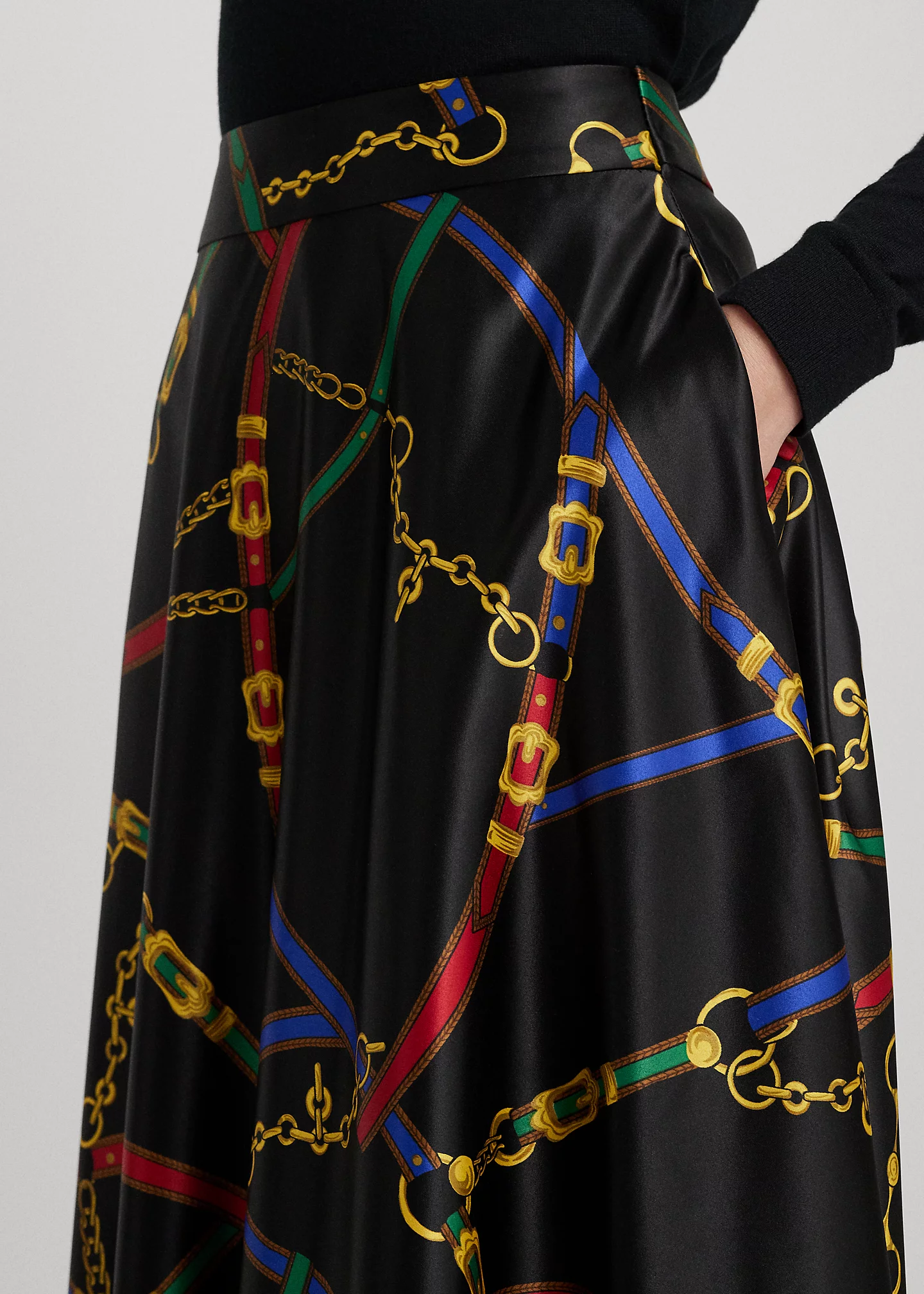 Belting-Print Satin Maxiskirt