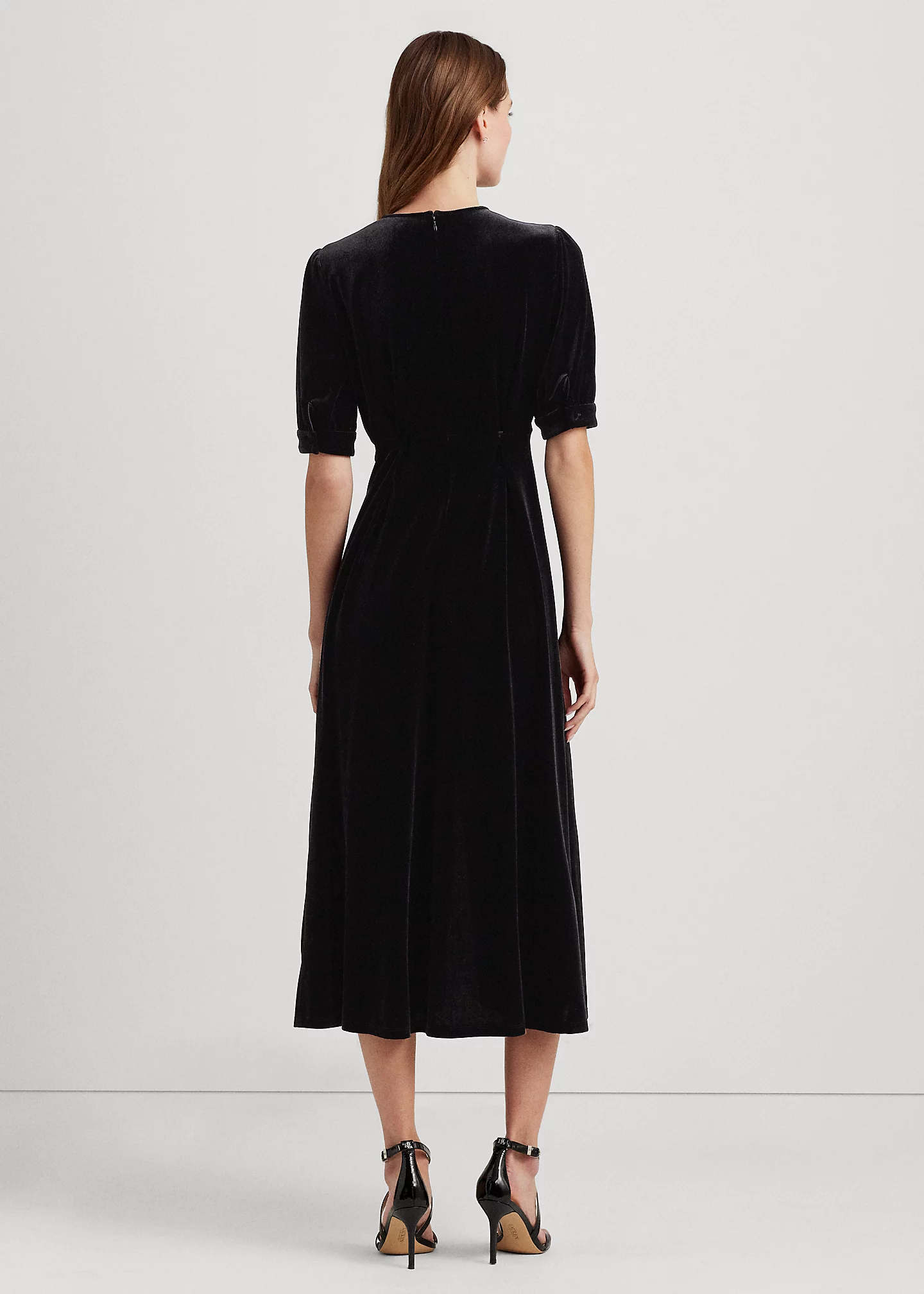 Stretch Velvet Puff-Sleeve Midi Dress
