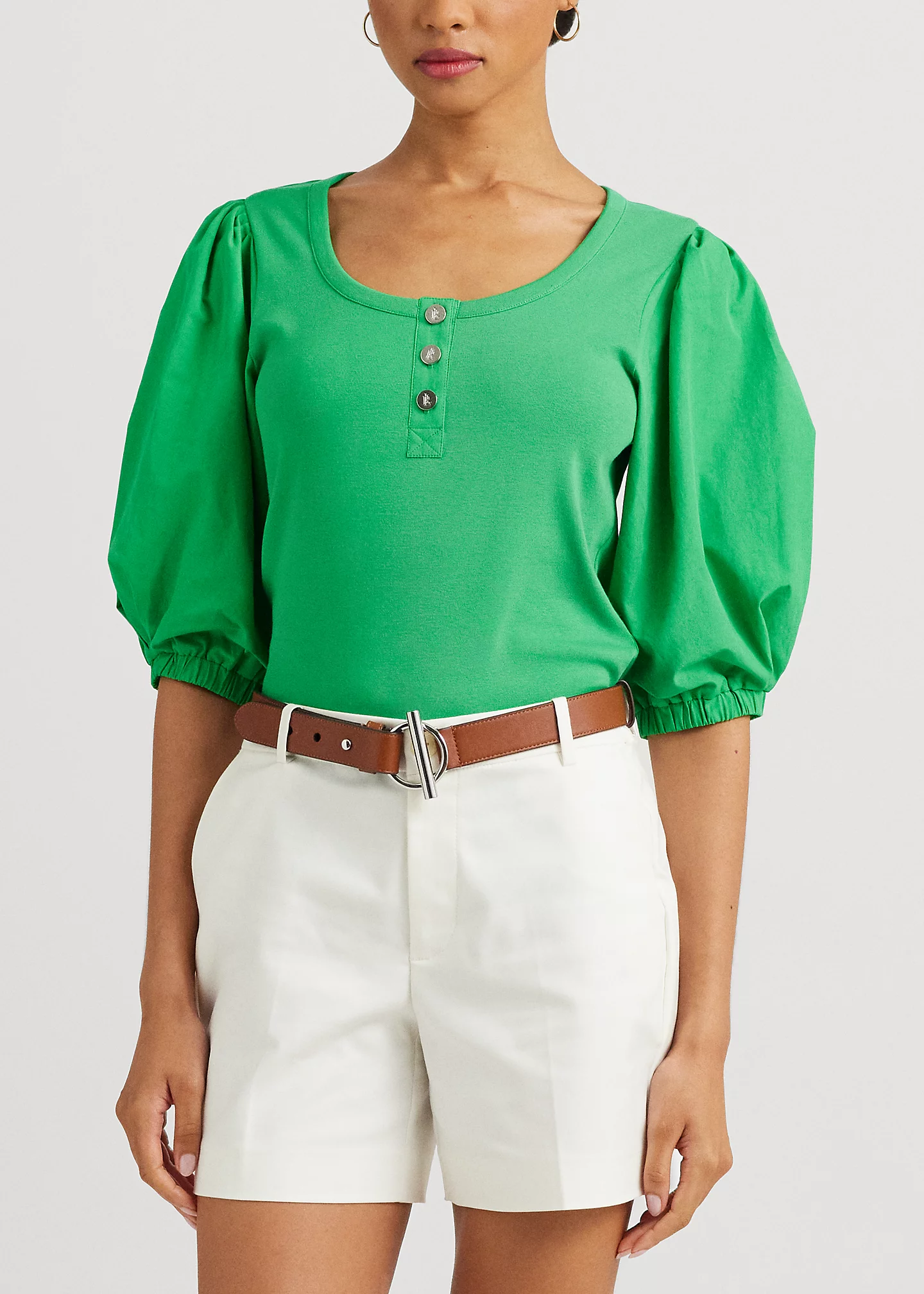 Stretch Cotton Puff-Sleeve Henley Tee