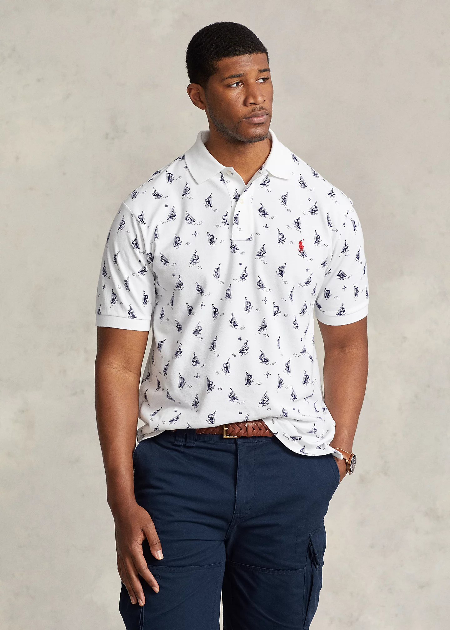 Sailboat-Print Mesh Polo Shirt
