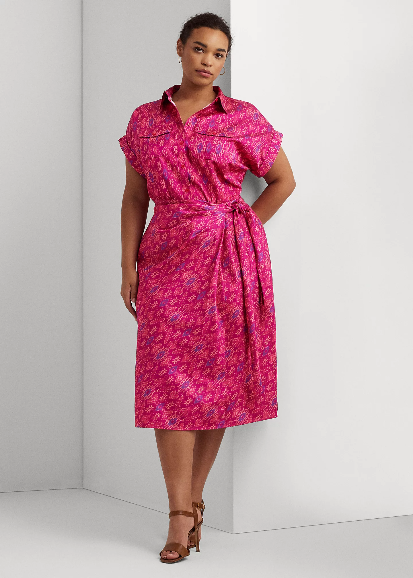Geo-Print Shantung Tie-Waist Dress