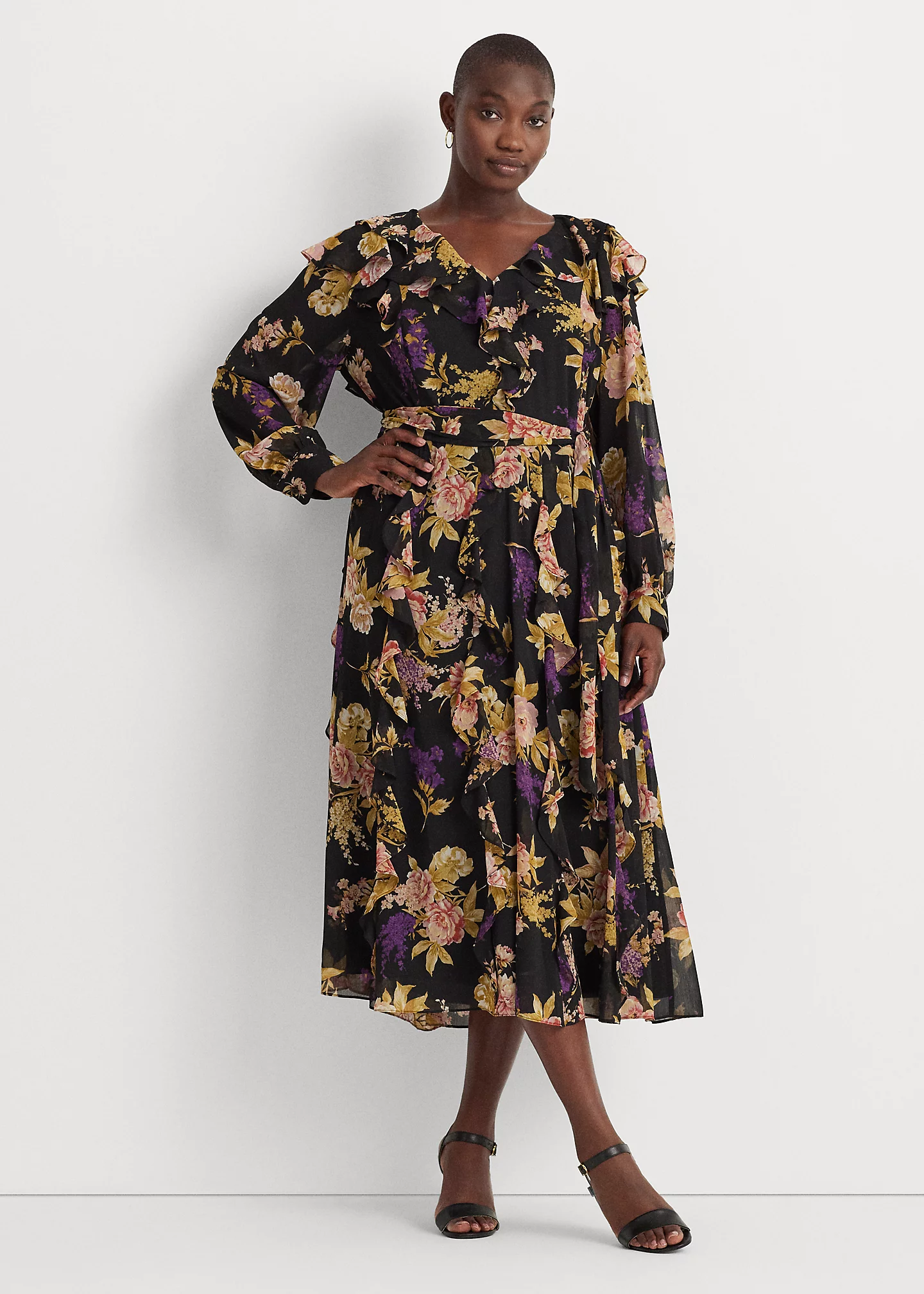 Floral Ruffle-Trim Georgette Dress