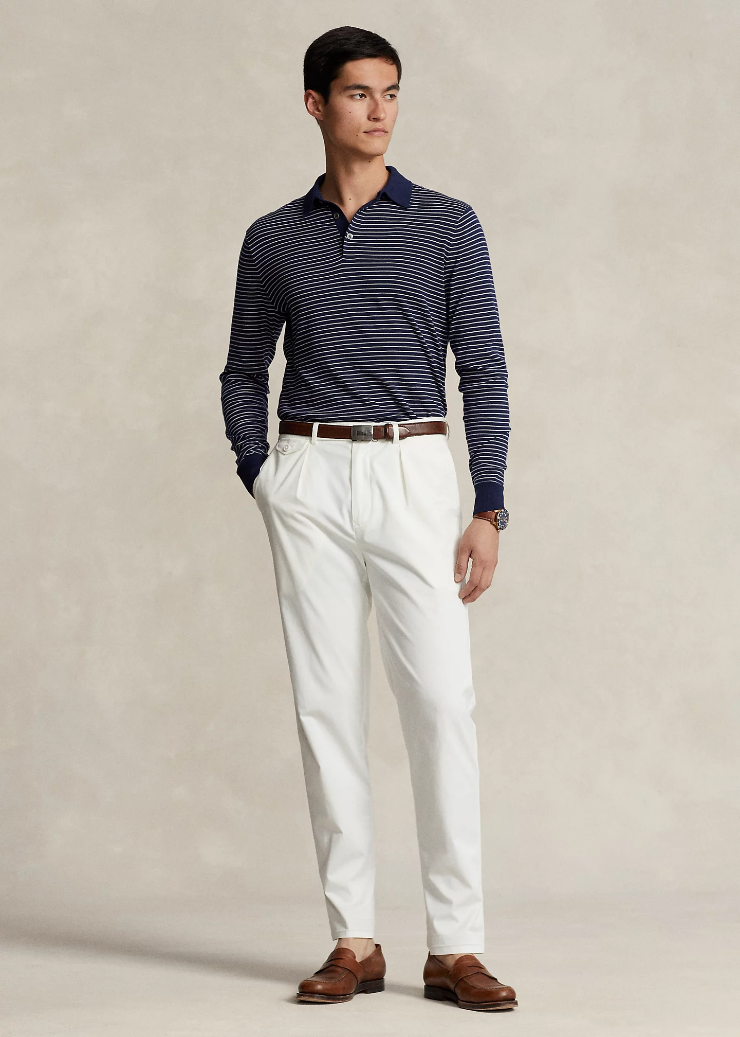 Striped Cotton Polo-Collar Sweater