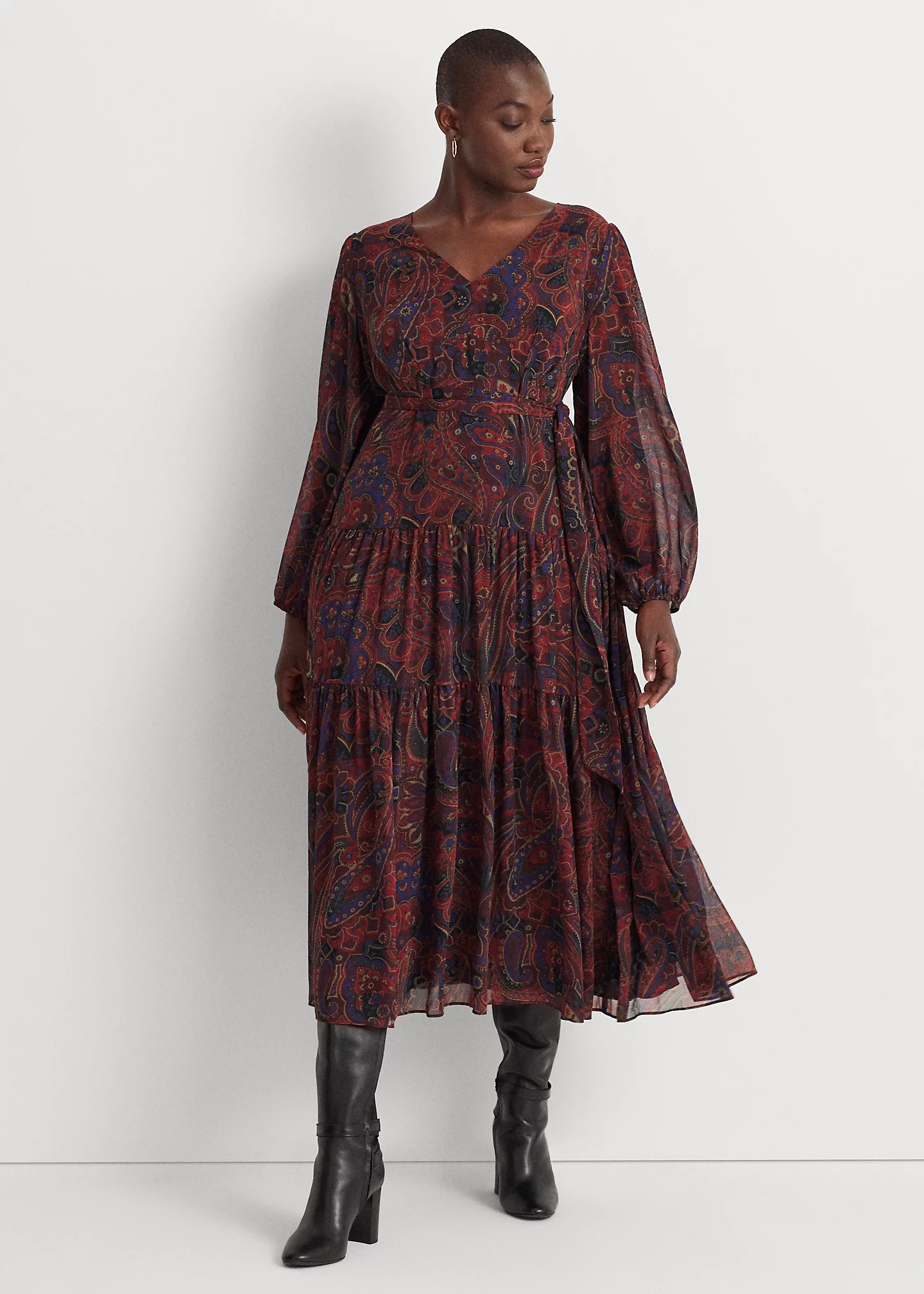 Checked Paisley Belted Georgette Dress