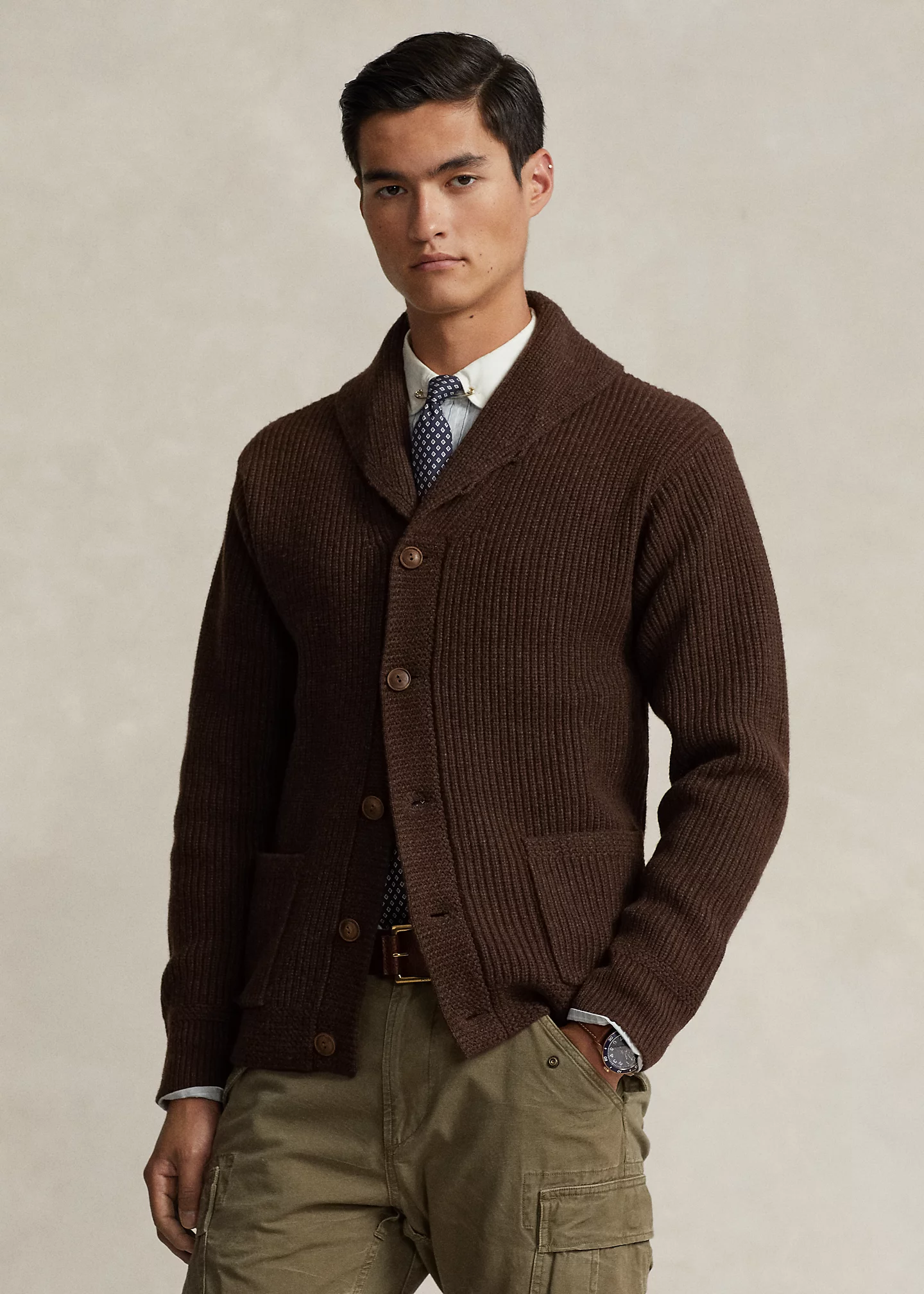 Wool-Blend Shawl-Collar Cardigan