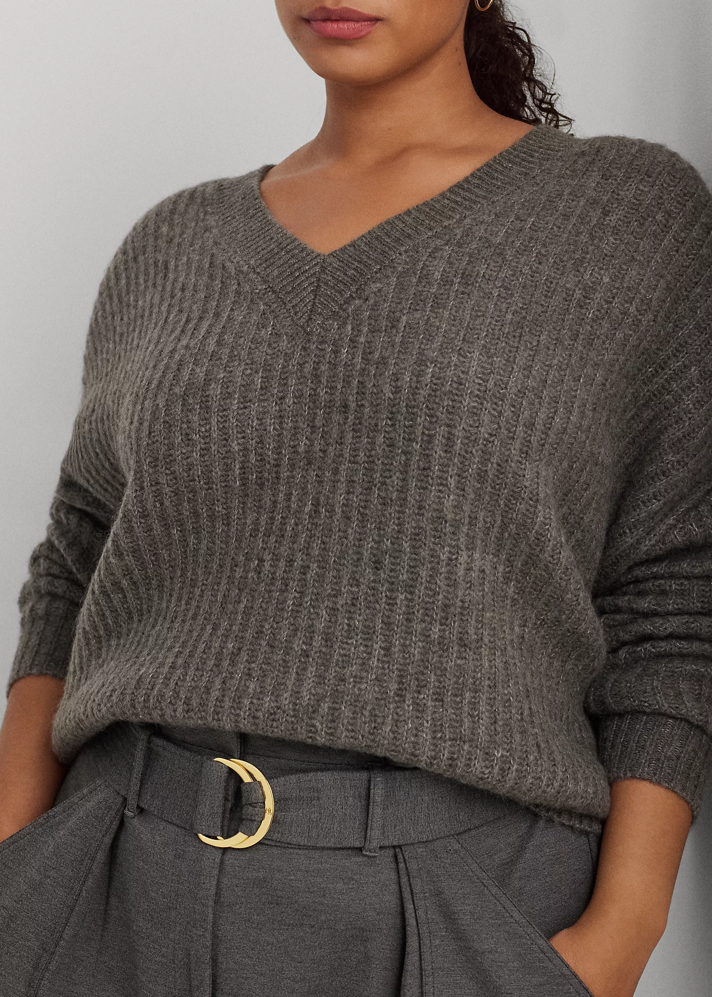 Wool-Blend Ribbed V-Neck Sweater