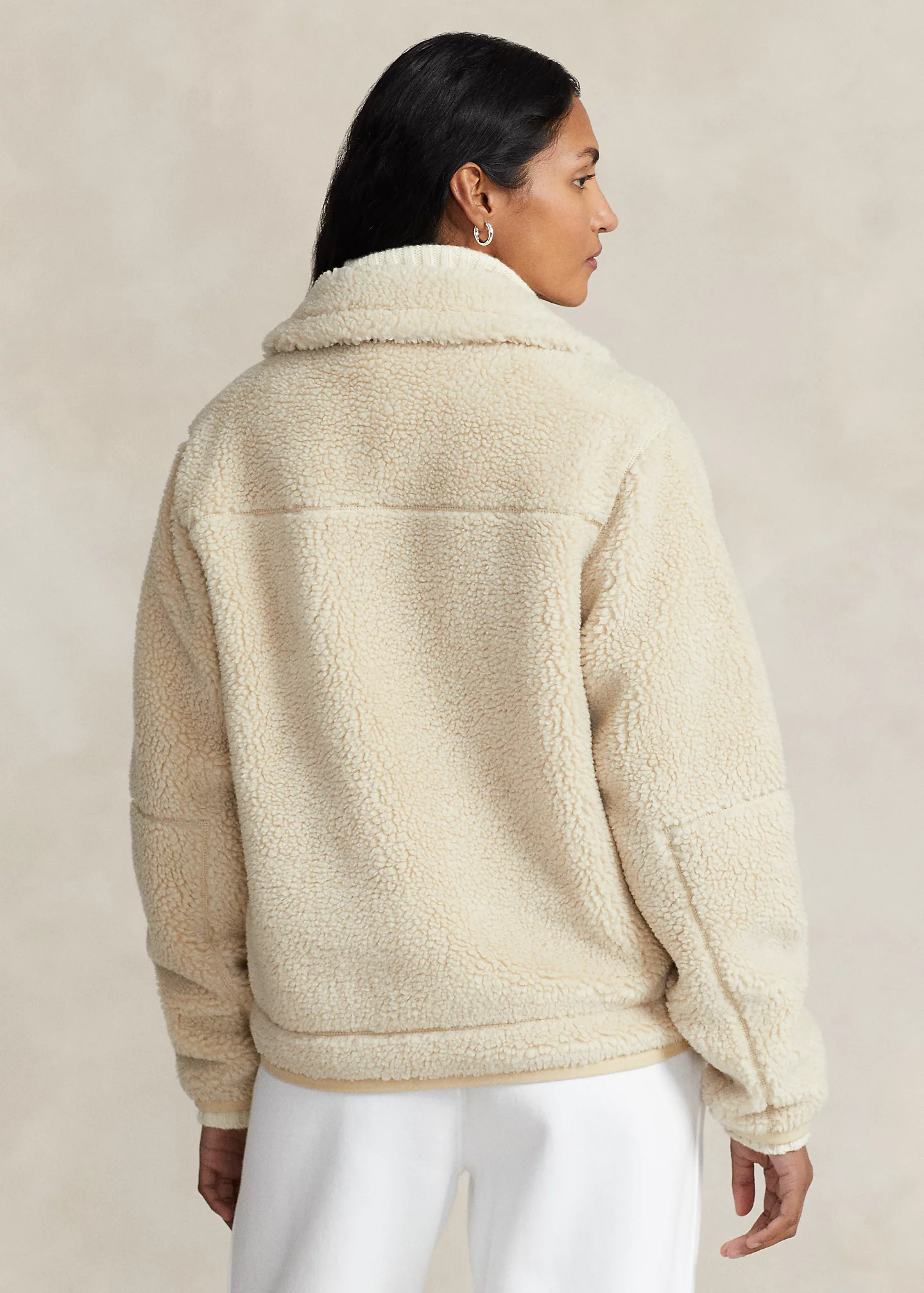 Leather-Trim High-Pile Fleece Jacket