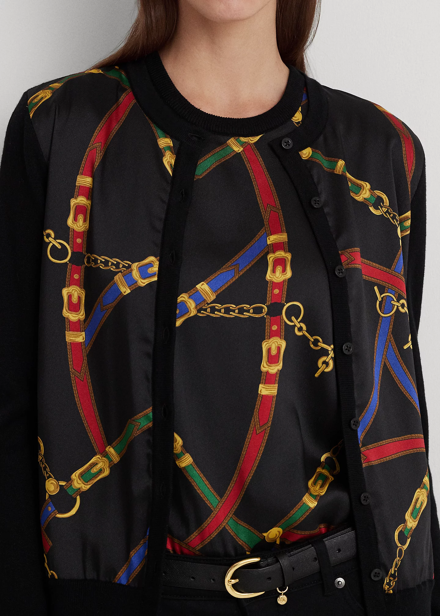 Belting-Print Twill & Jersey Cardigan