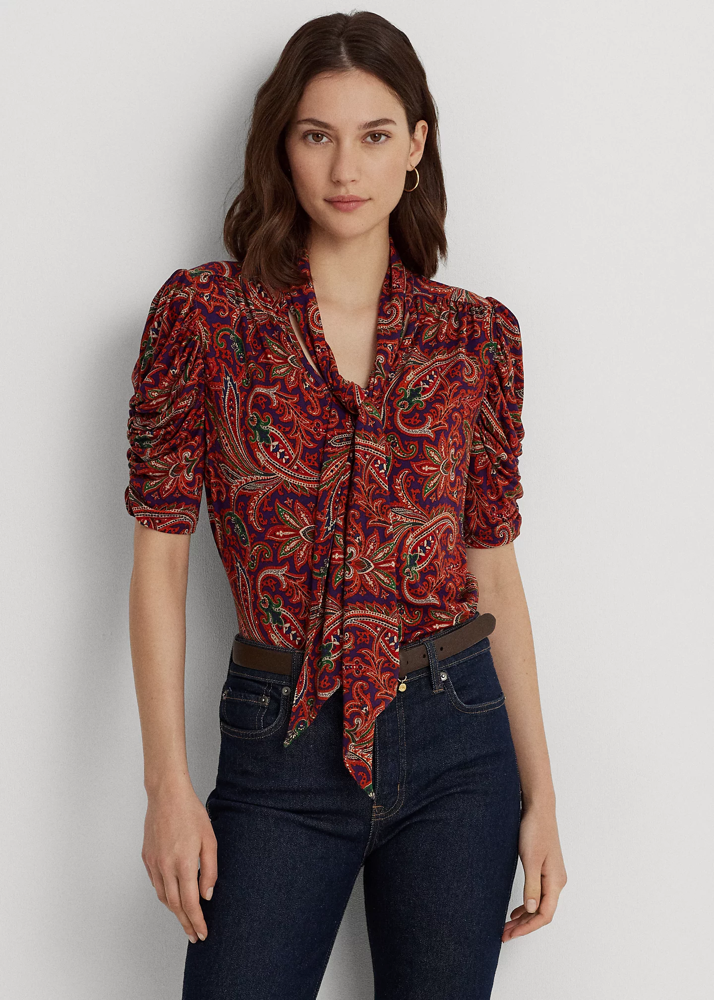 Paisley Jersey Puff-Sleeve Tie-Neck Top