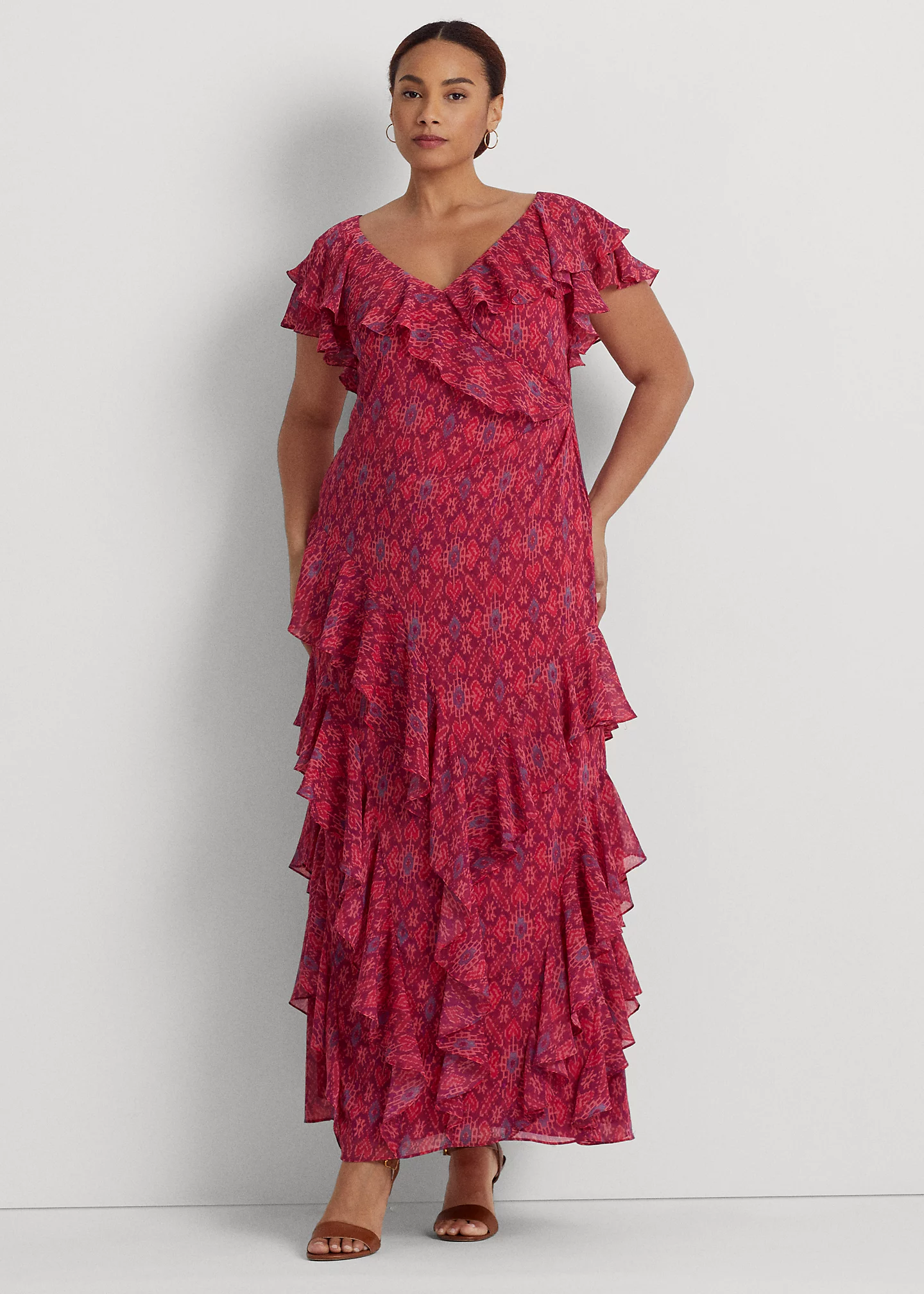Geo-Print Ruffle-Trim Georgette Gown