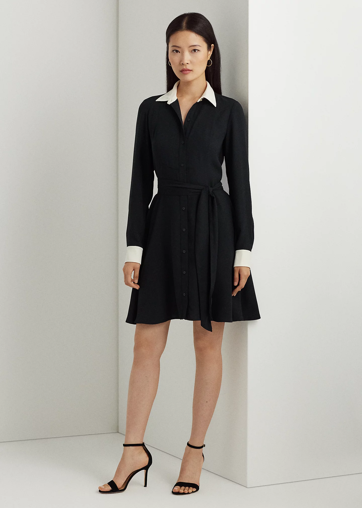 Two-Tone Belted Georgette Shirtdress