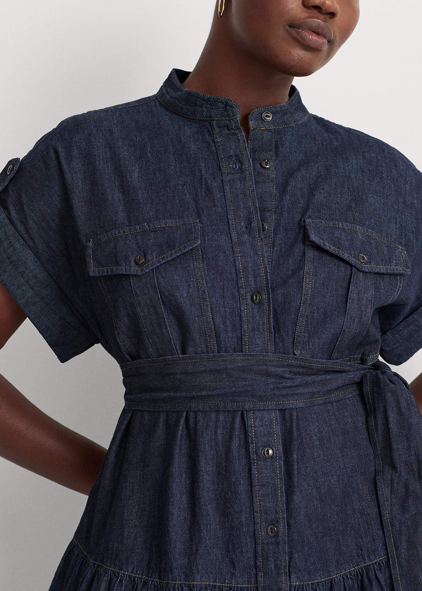 Belted Denim Tiered Shirtdress