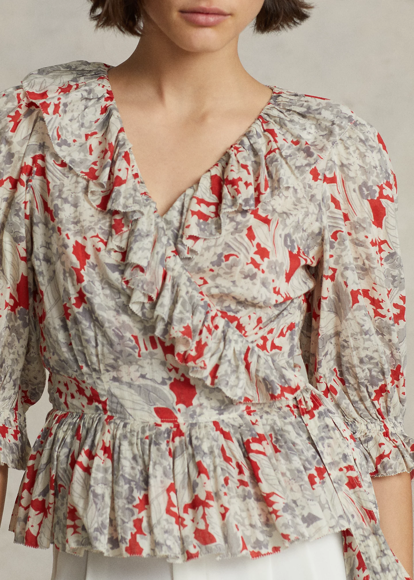 Ruffled Floral Cotton Wrap Top