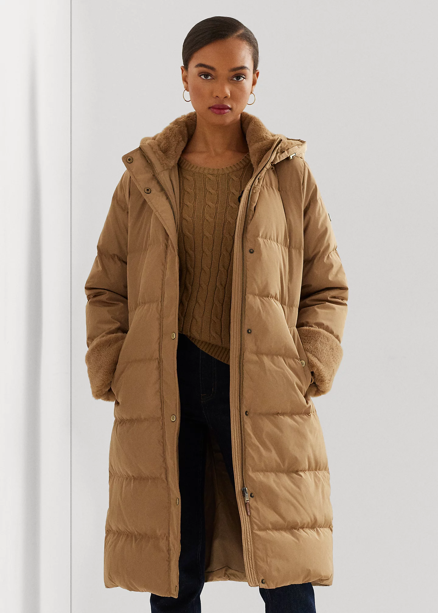 Faux-Fur-Trim Hooded Down Coat