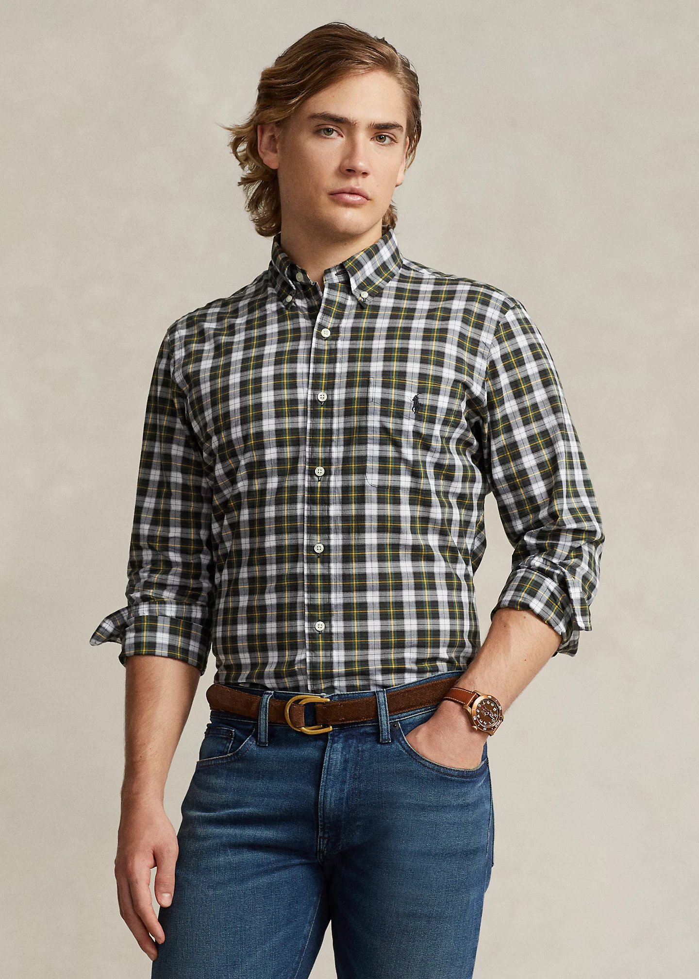 Classic Fit Plaid Washed Poplin Shirt