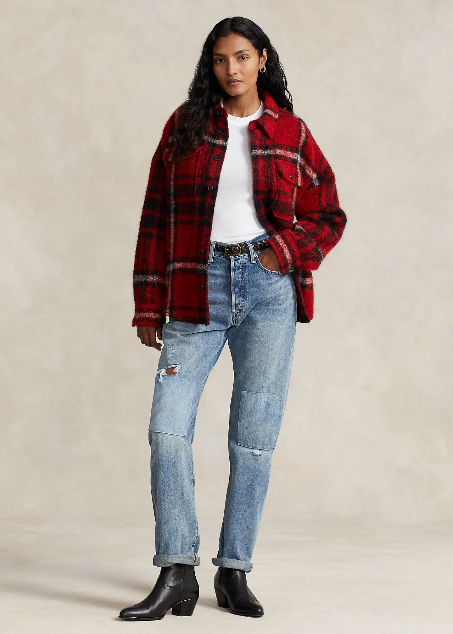 Oversize Fit Plaid Wool-Blend Shirt