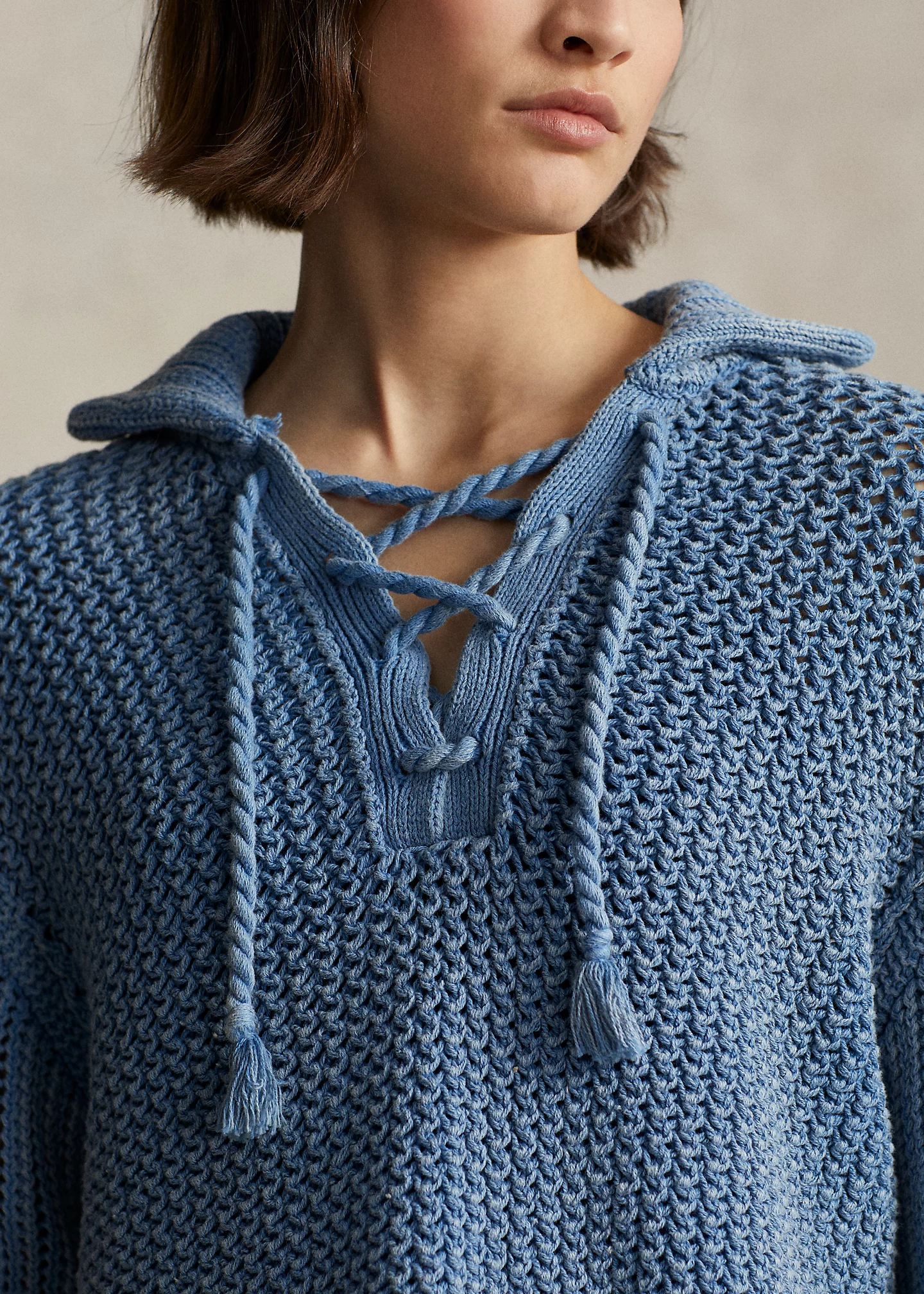 Openwork Lace-Up Cotton Sweater