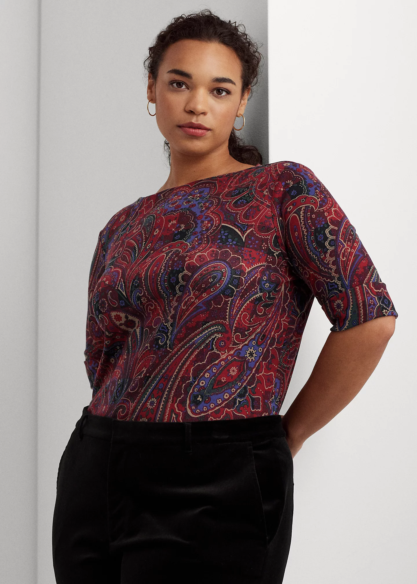 Checked Paisley Cotton Boatneck Tee