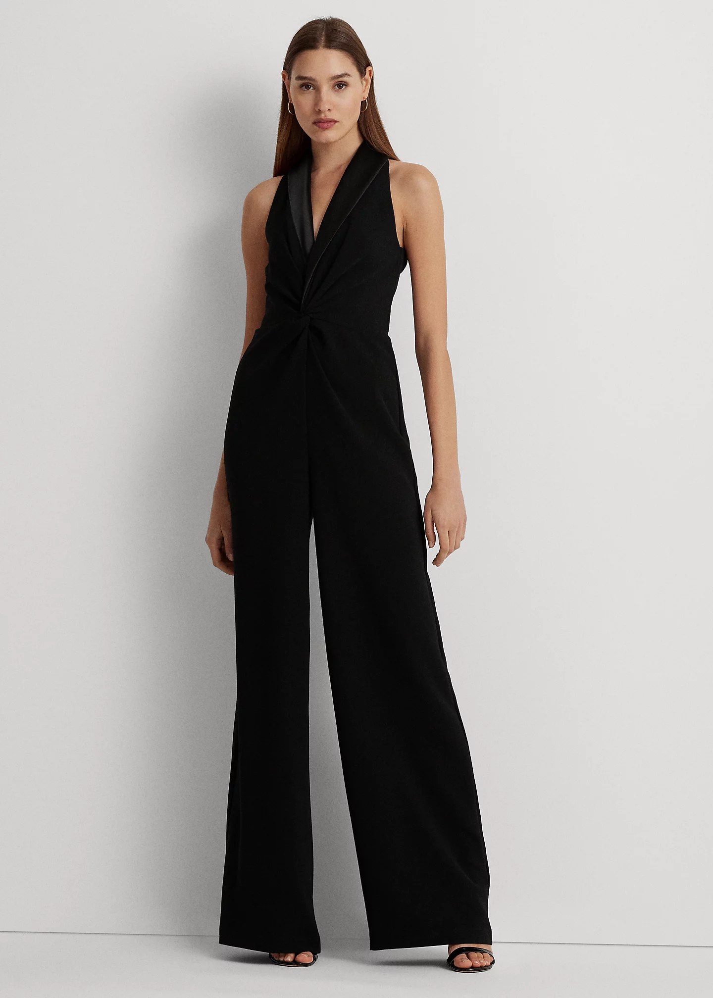 Satin-Trim Crepe Sleeveless Jumpsuit