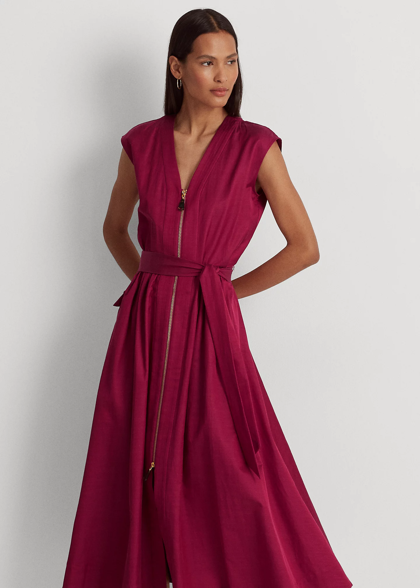 Belted Shantung Cap-Sleeve Dress