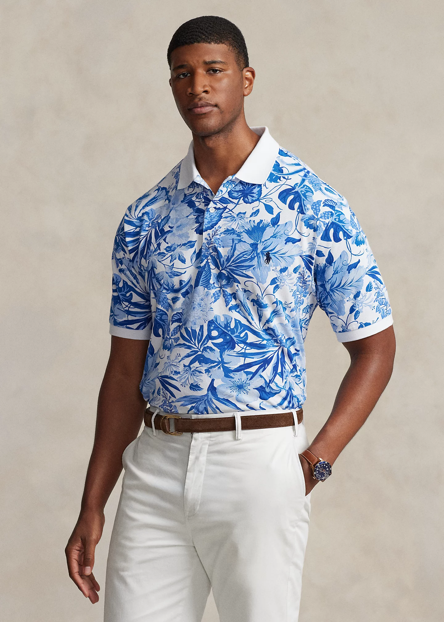 Floral-Print Mesh Polo Shirt
