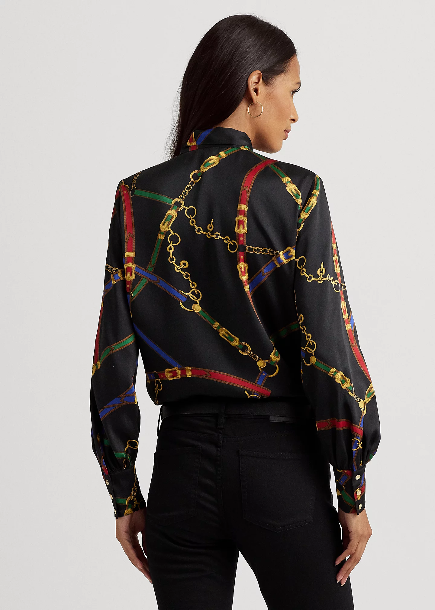 Belting-Print Twill Tie-Neck Blouse