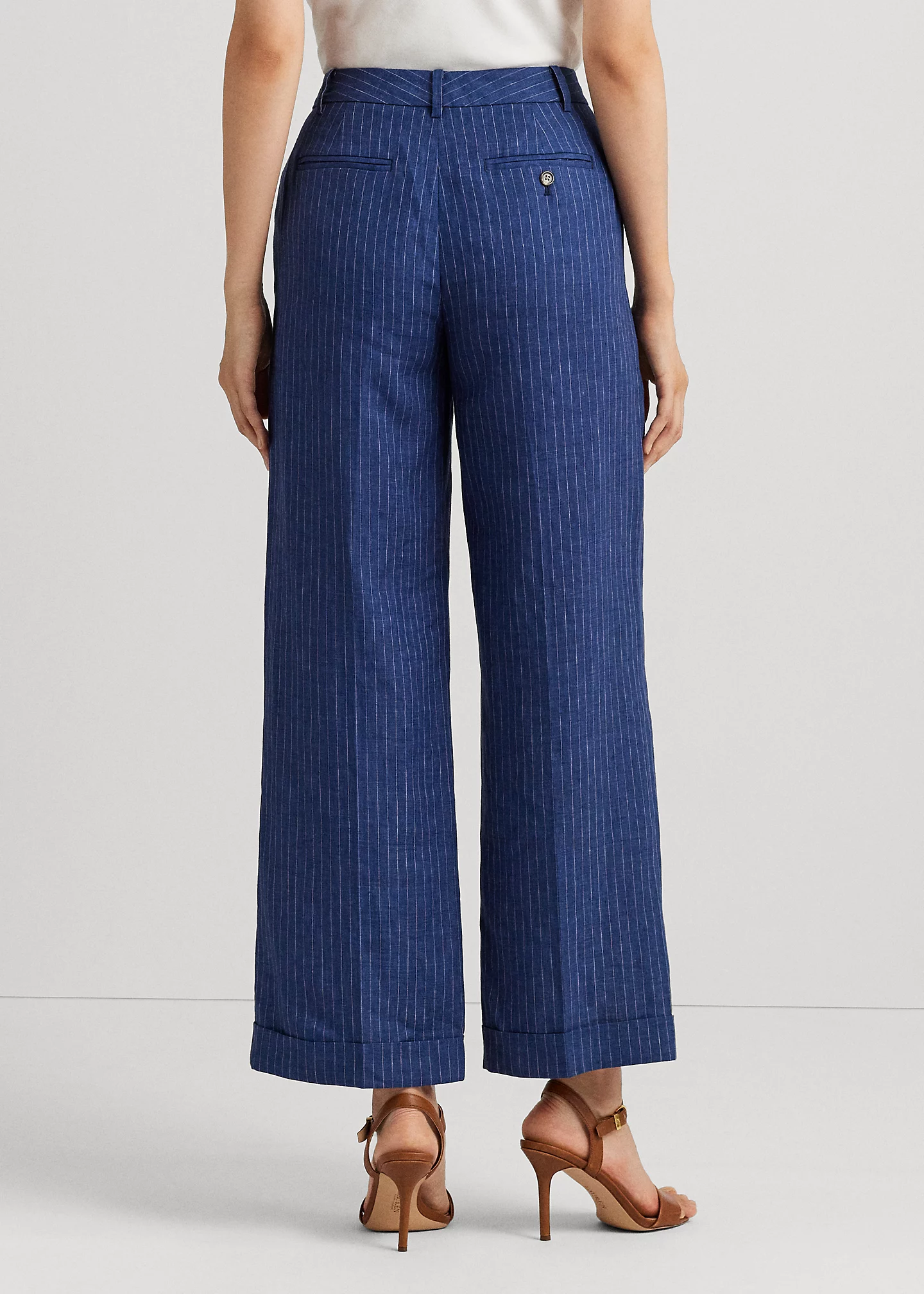 Pinstripe Linen Wide-Leg Cropped Pant