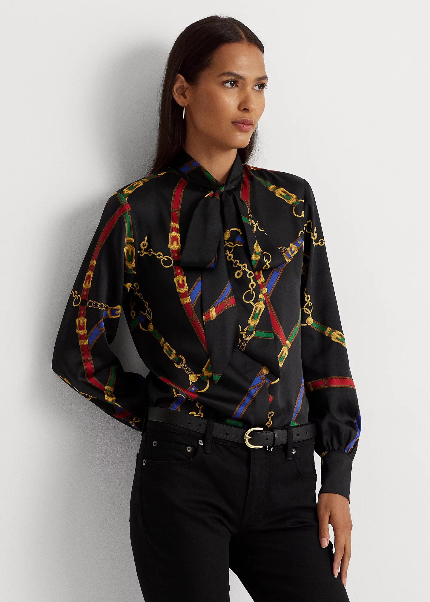 Belting-Print Twill Tie-Neck Blouse