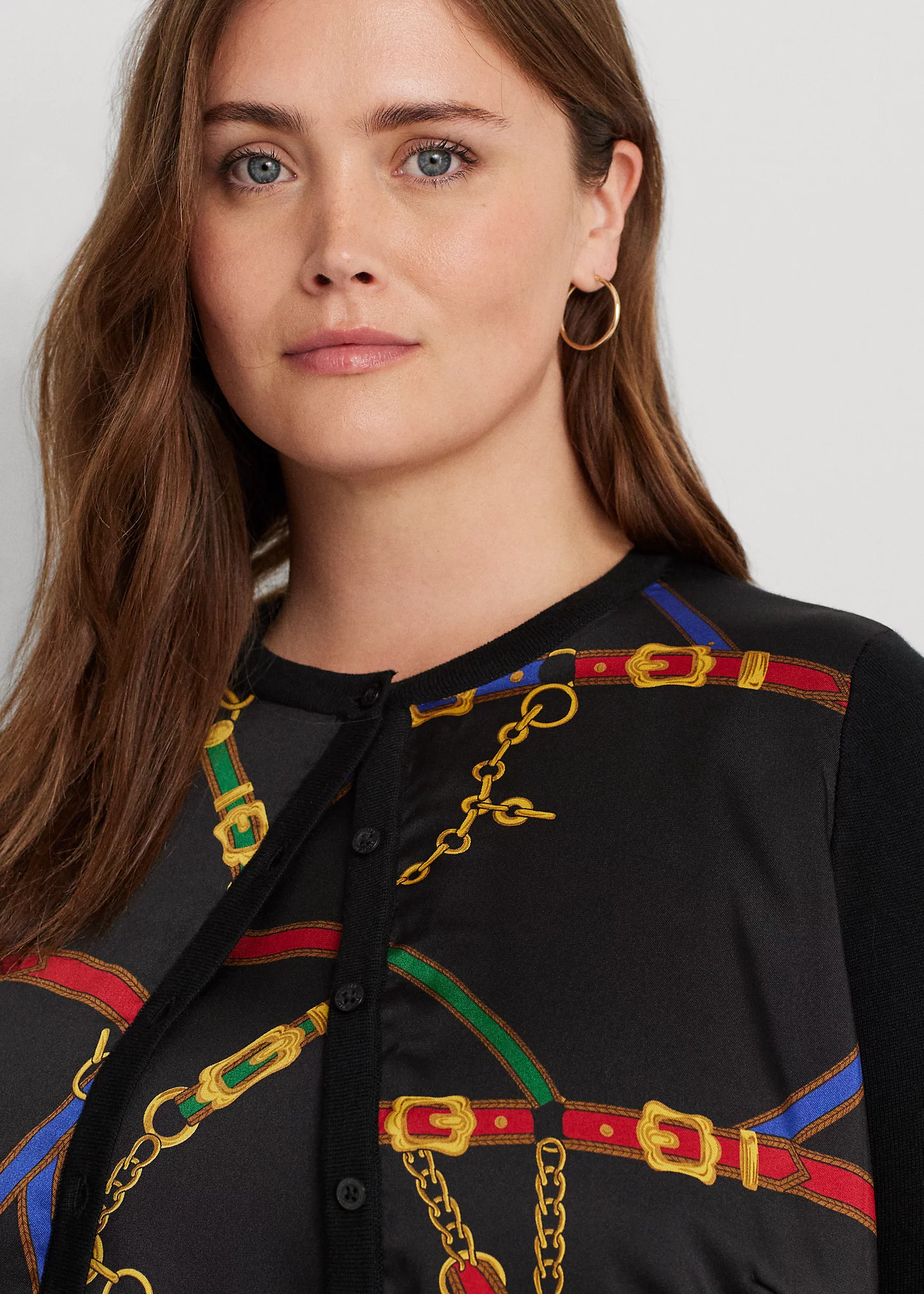 Belting-Print Twill & Jersey Cardigan