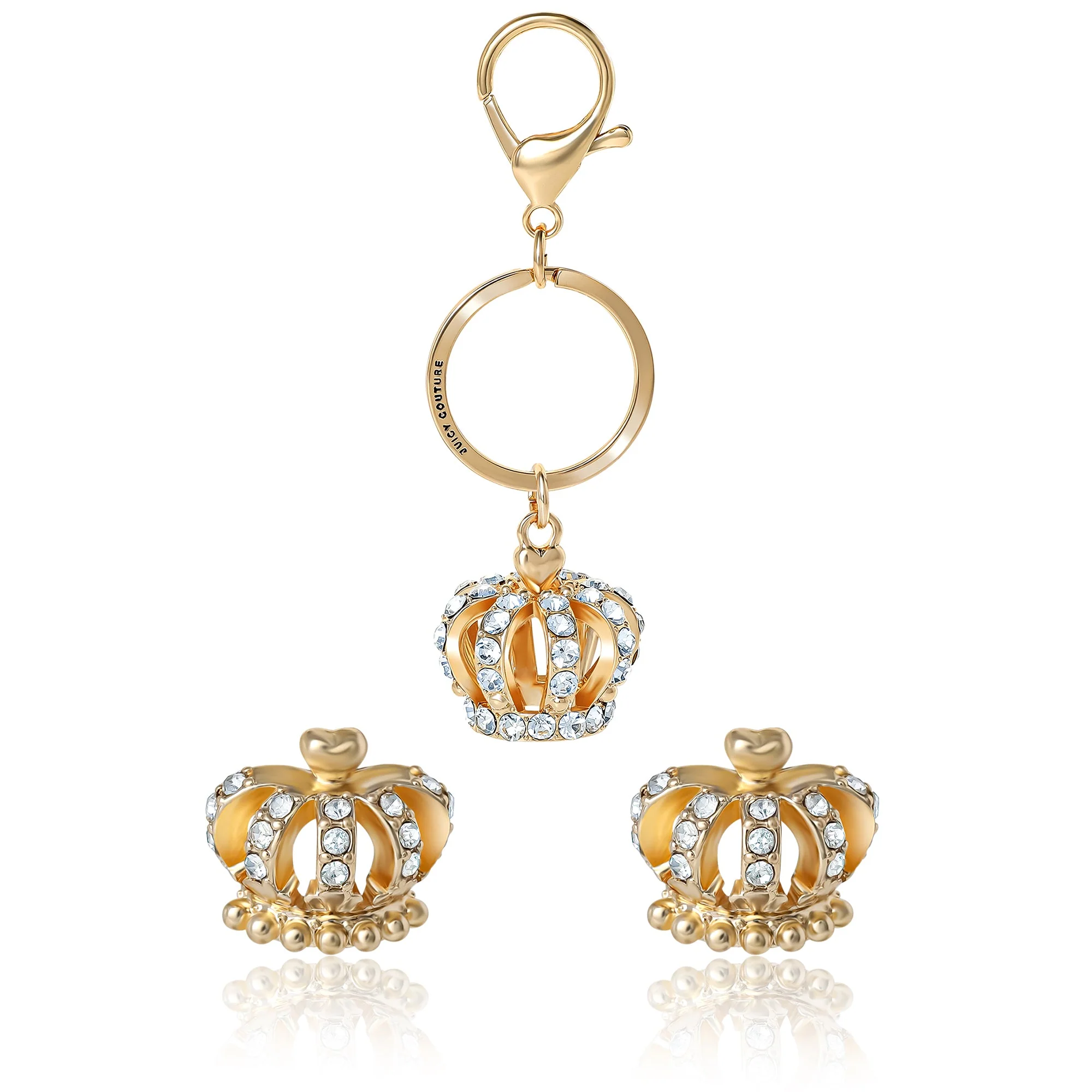 Gold-Tone Crystal Crown Keychain Bag Charm & Earring Set