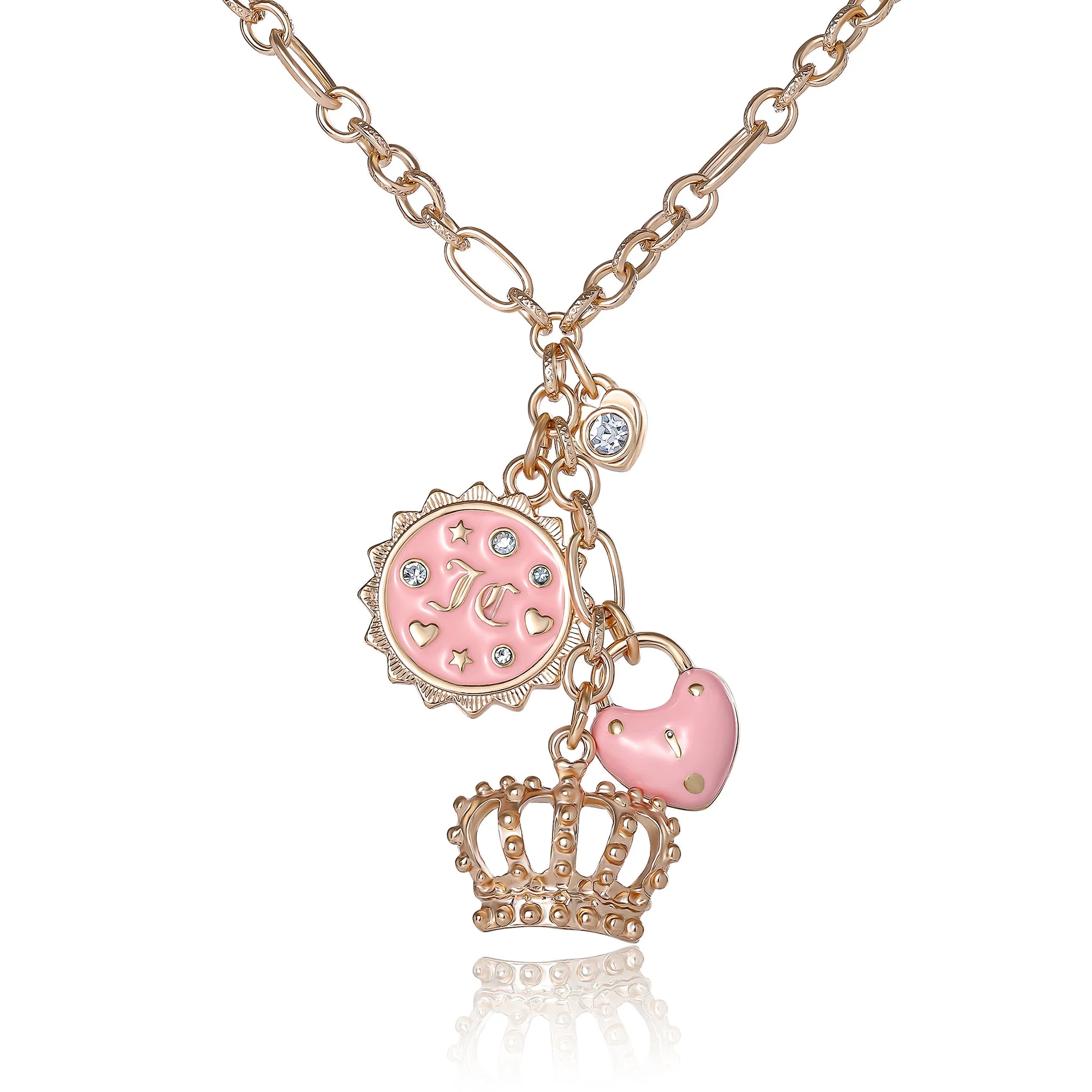 Layered Charm Necklace with Pink Enamel Accents