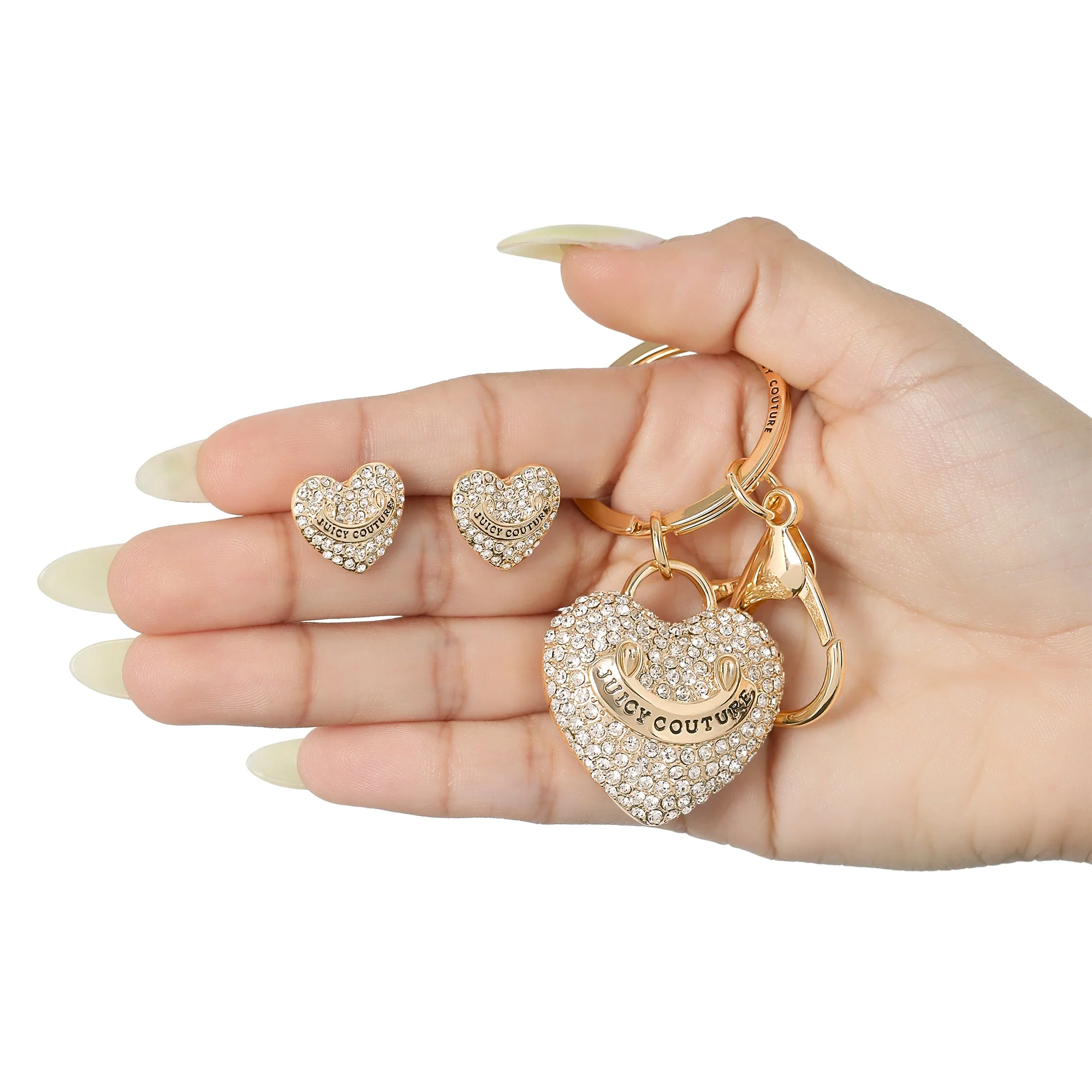 Gold-Tone Pave Heart Keychain Bag Charm & Earrings Set
