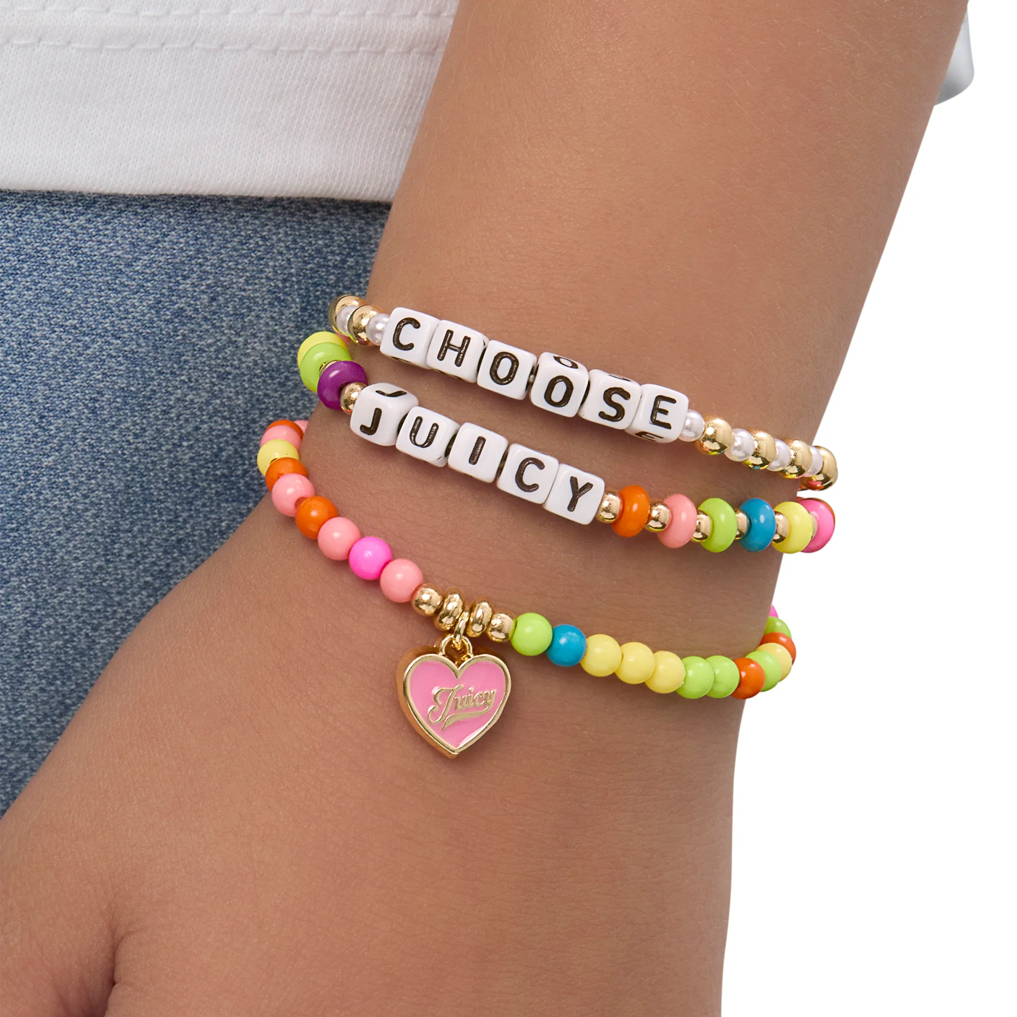 Kids Choose Juicy Heart Charm 3 Piece Stretch Beaded Bracelet Set