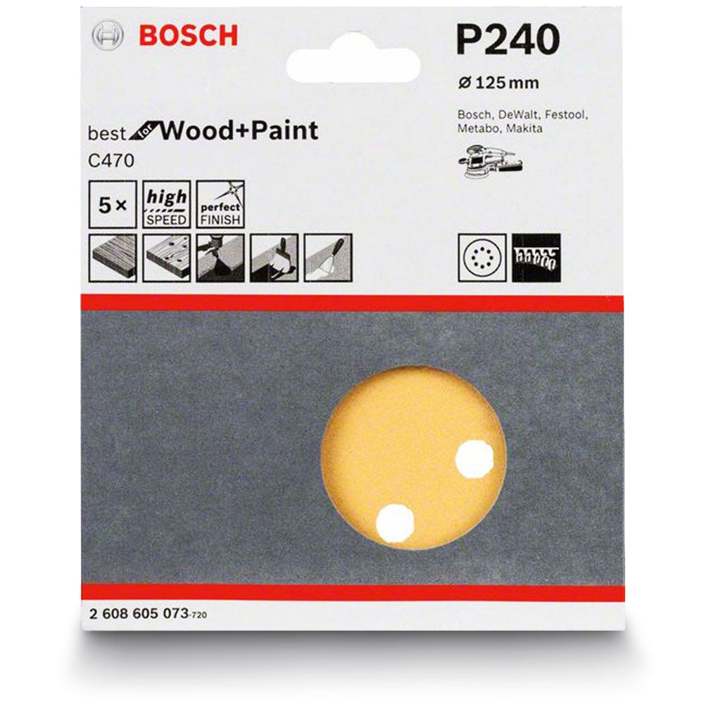 BOSCH 125mm 240-Grit 8-Hole Hook & Loop Sanding Disc for Wood & Paint - C470 - 5 Piece