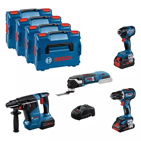 BOSCH COMBI-KIT 4 OUTILS 18V : GSR 18V-90C + GDR 18V-210C + GBH 18V-24C + GOP 18V-28 + 1 battery 4,0 AH (PROCORE) + 2 batteries 5,5 AH (PROCORE) + GAL 1880CV (L) Professional